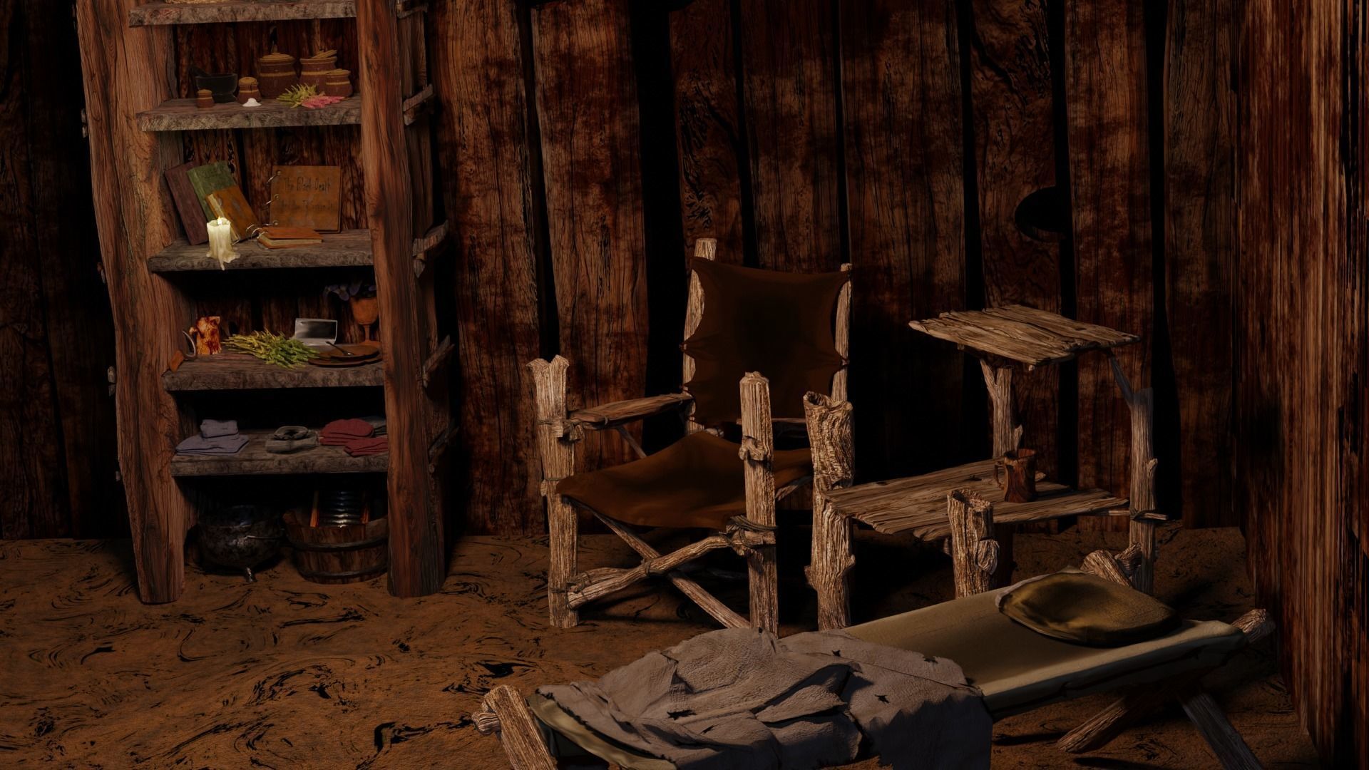 wooden primitive shelf full of dark ages items  3D model_39