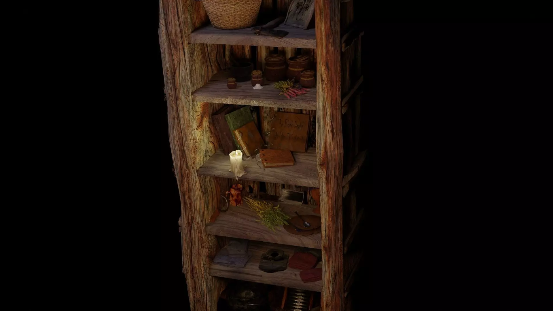 wooden primitive shelf full of dark ages items  3D model_0