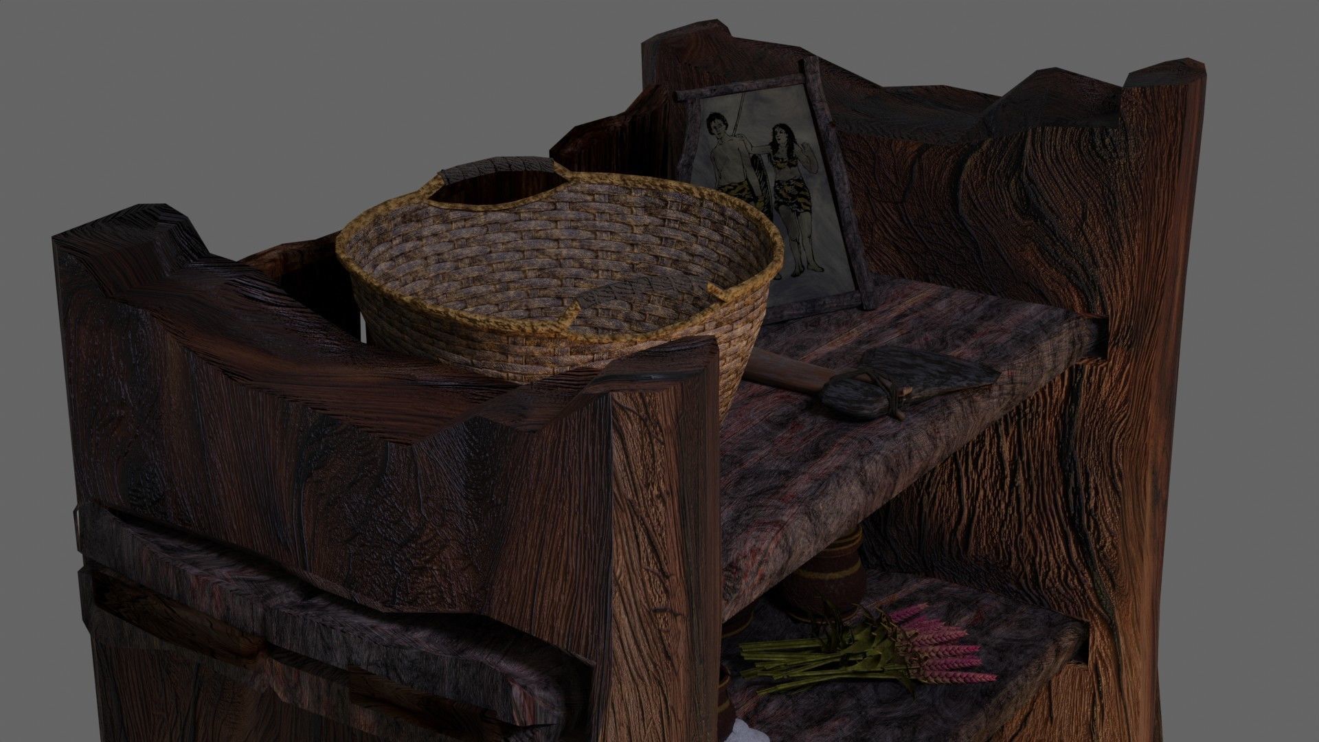 wooden primitive shelf full of dark ages items  3D model_31