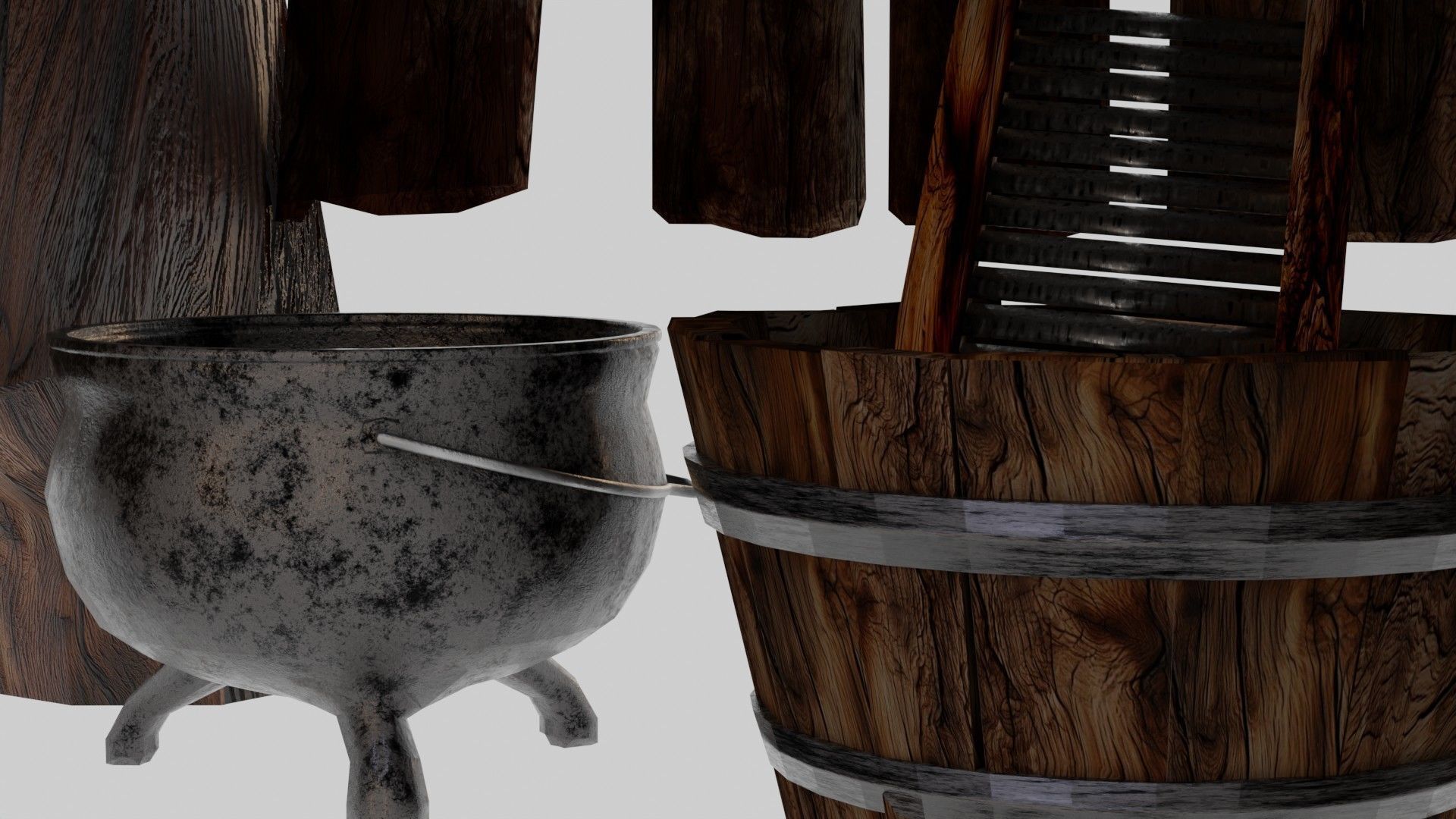 wooden primitive shelf full of dark ages items  3D model_7