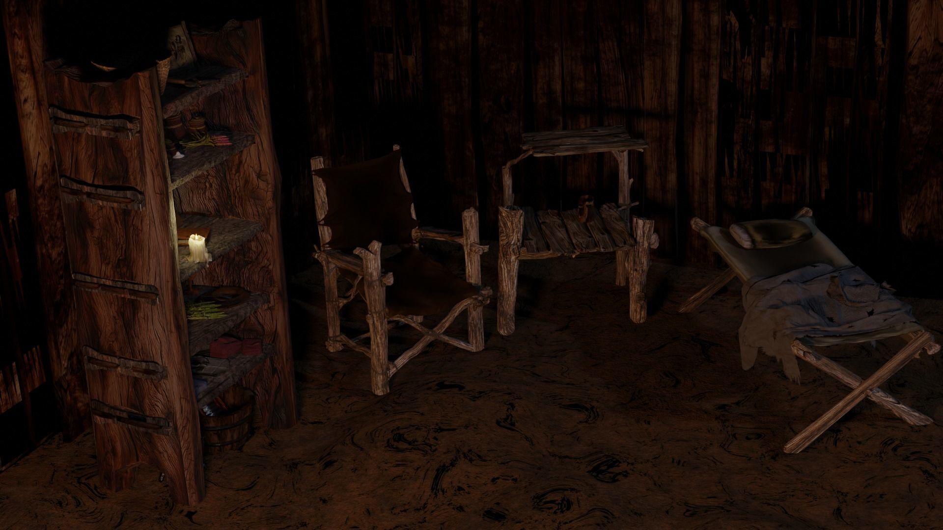 wooden primitive shelf full of dark ages items  3D model_37