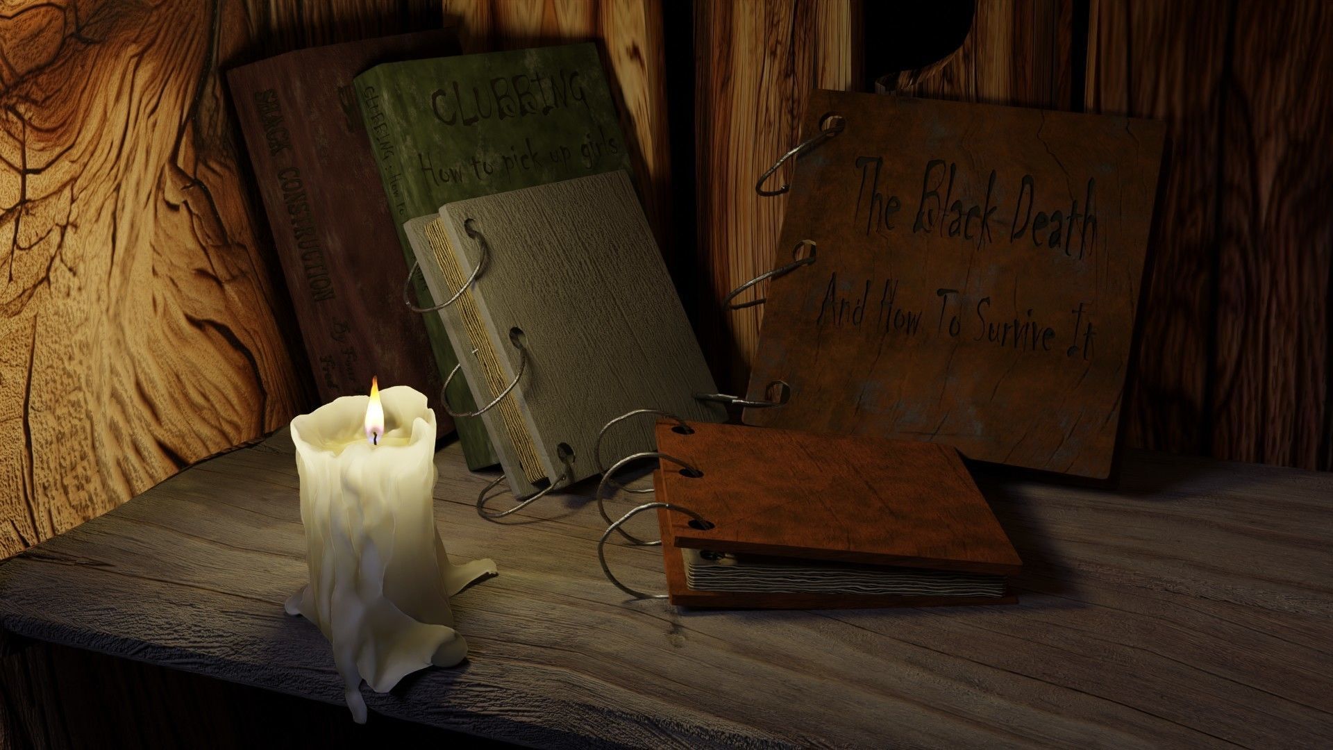 wooden primitive shelf full of dark ages items  3D model_13