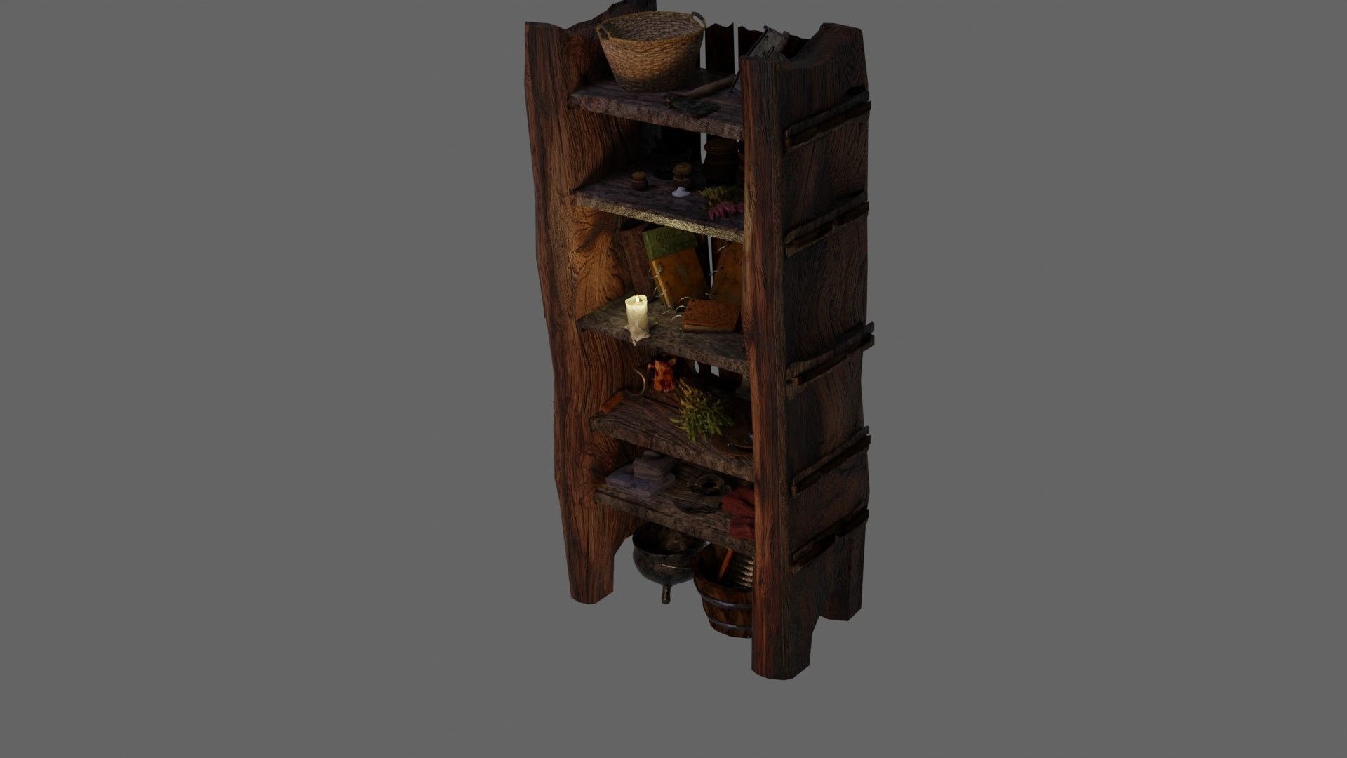 wooden primitive shelf full of dark ages items  3D model_25