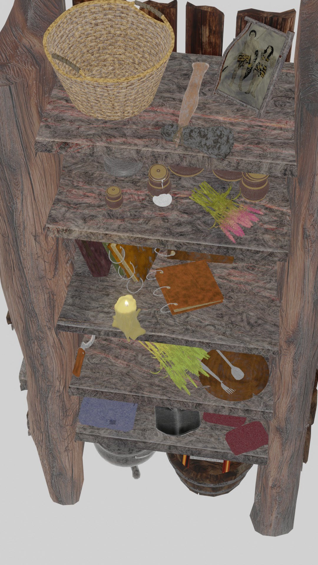 wooden primitive shelf full of dark ages items  3D model_8
