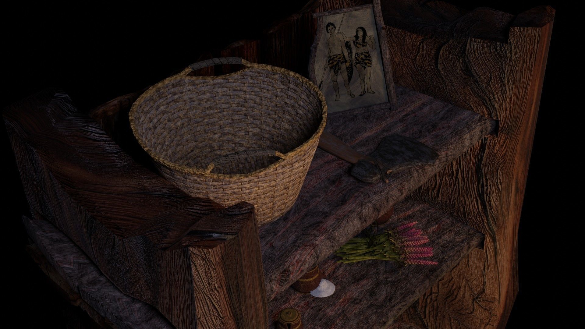 wooden primitive shelf full of dark ages items  3D model_20