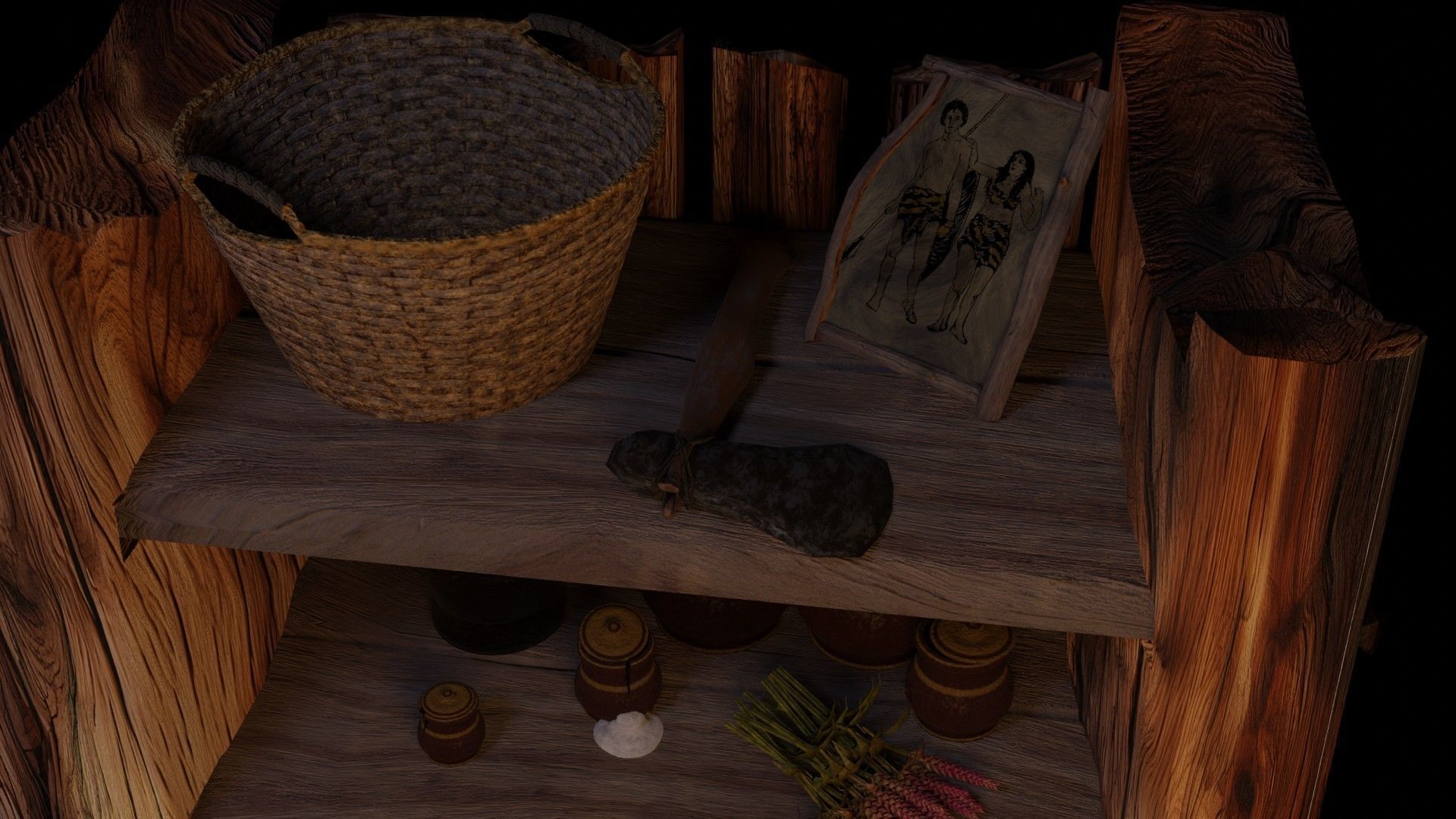 wooden primitive shelf full of dark ages items  3D model_19