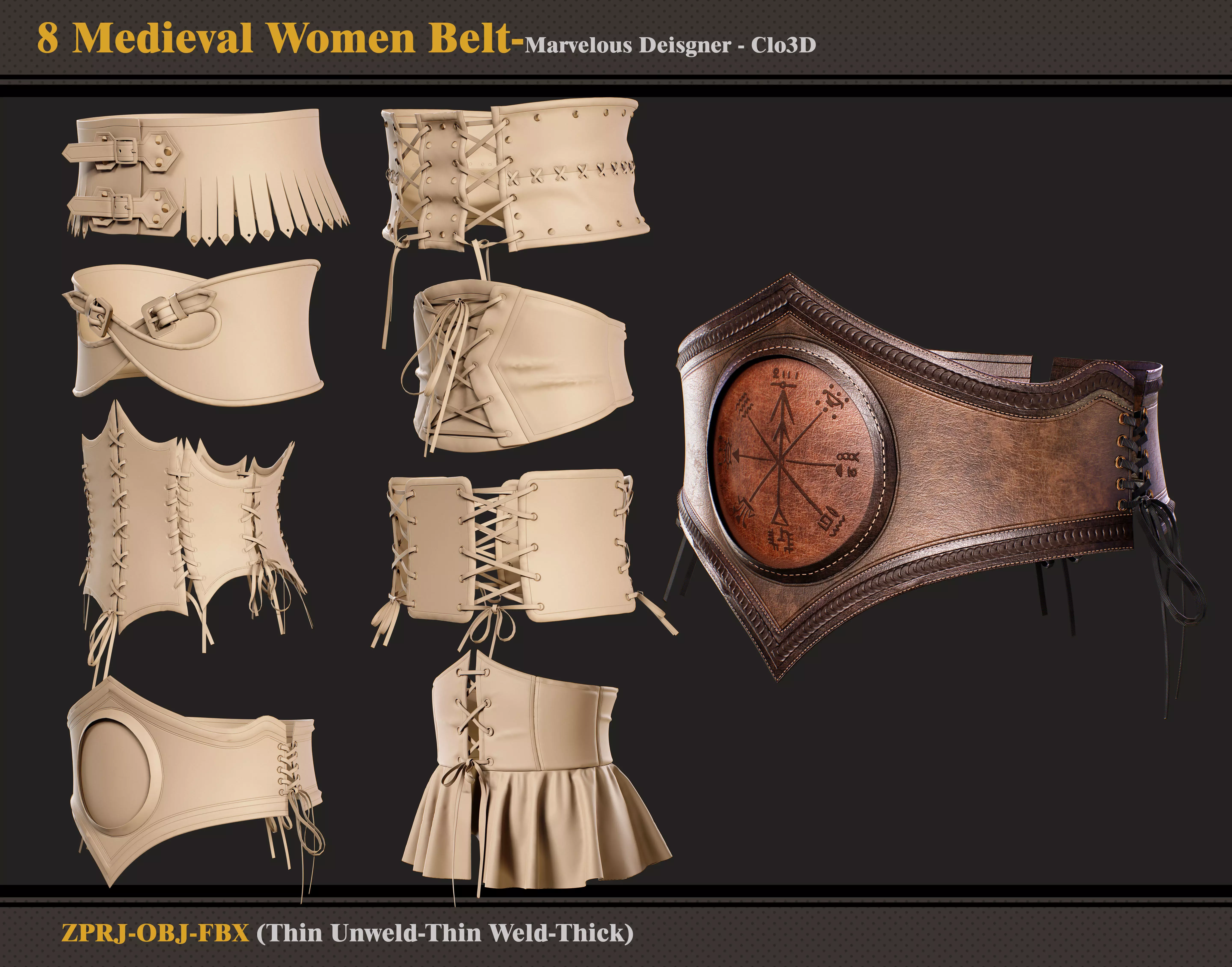 8 Medieval Women Belt-marvelous Designer-fbx-obj 3D model_0