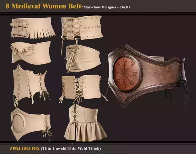 8 Medieval Women Belt-marvelous Designer-fbx-obj 3D model