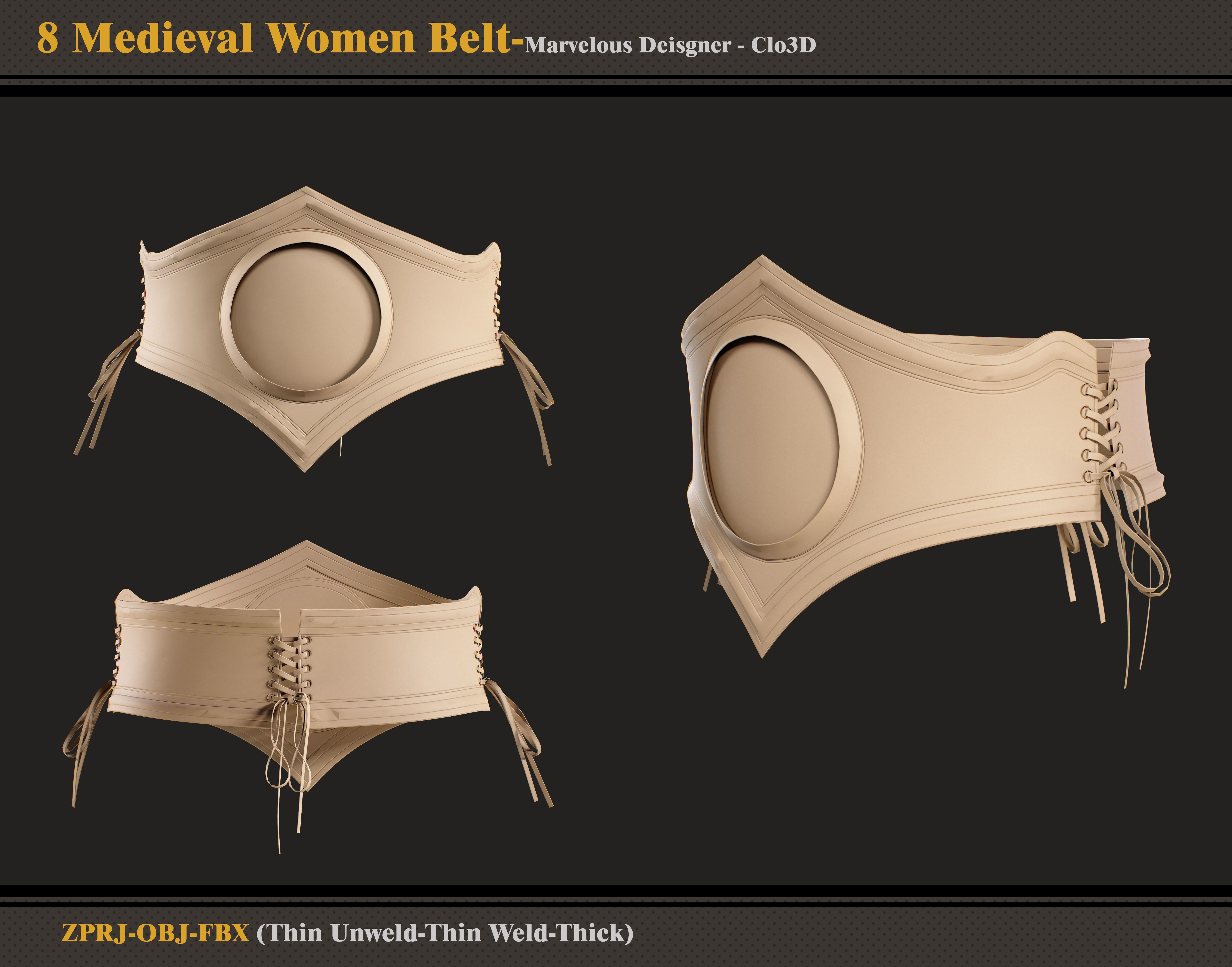 8 Medieval Women Belt-marvelous Designer-fbx-obj 3D model_1