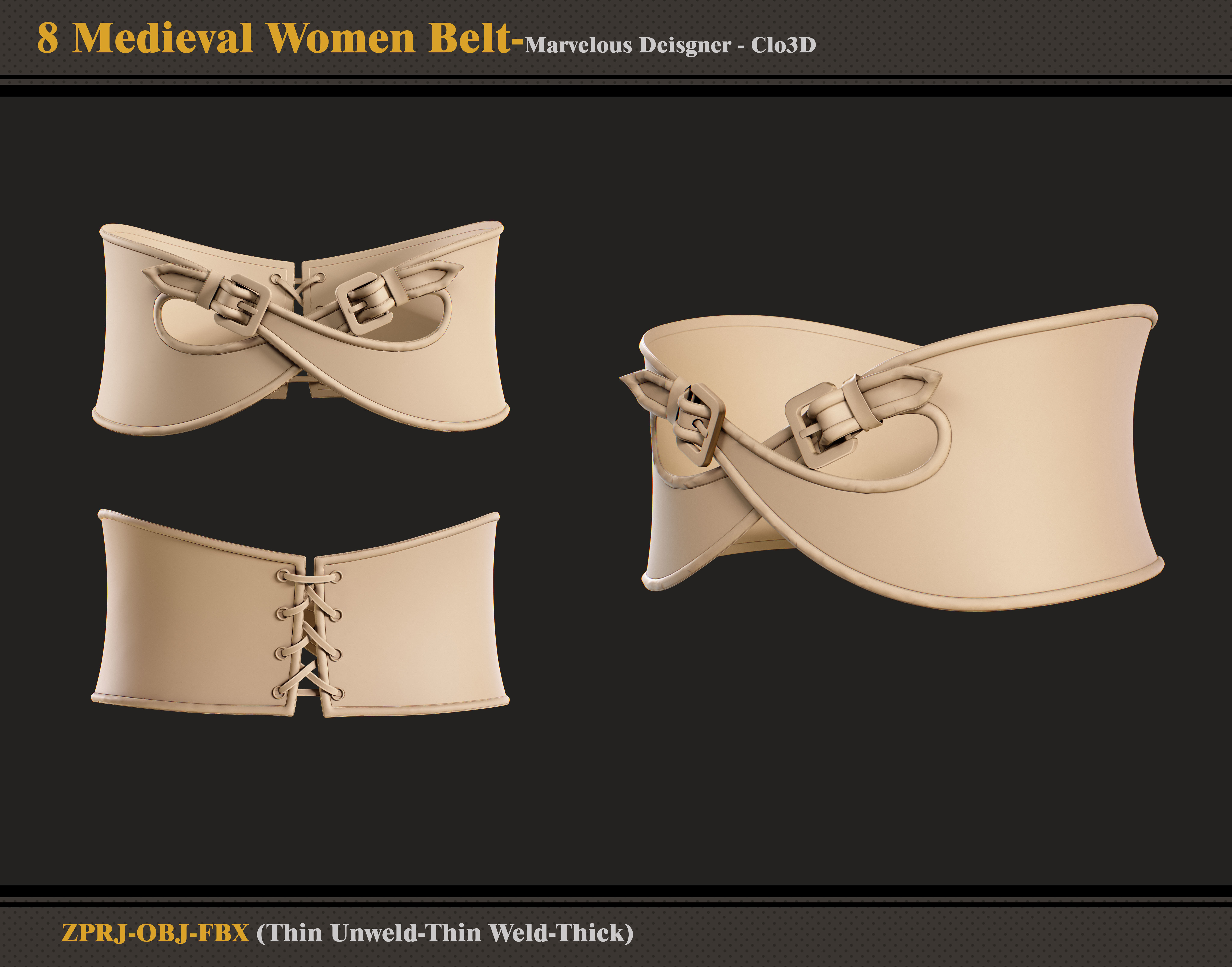 8 Medieval Women Belt-marvelous Designer-fbx-obj 3D model_5