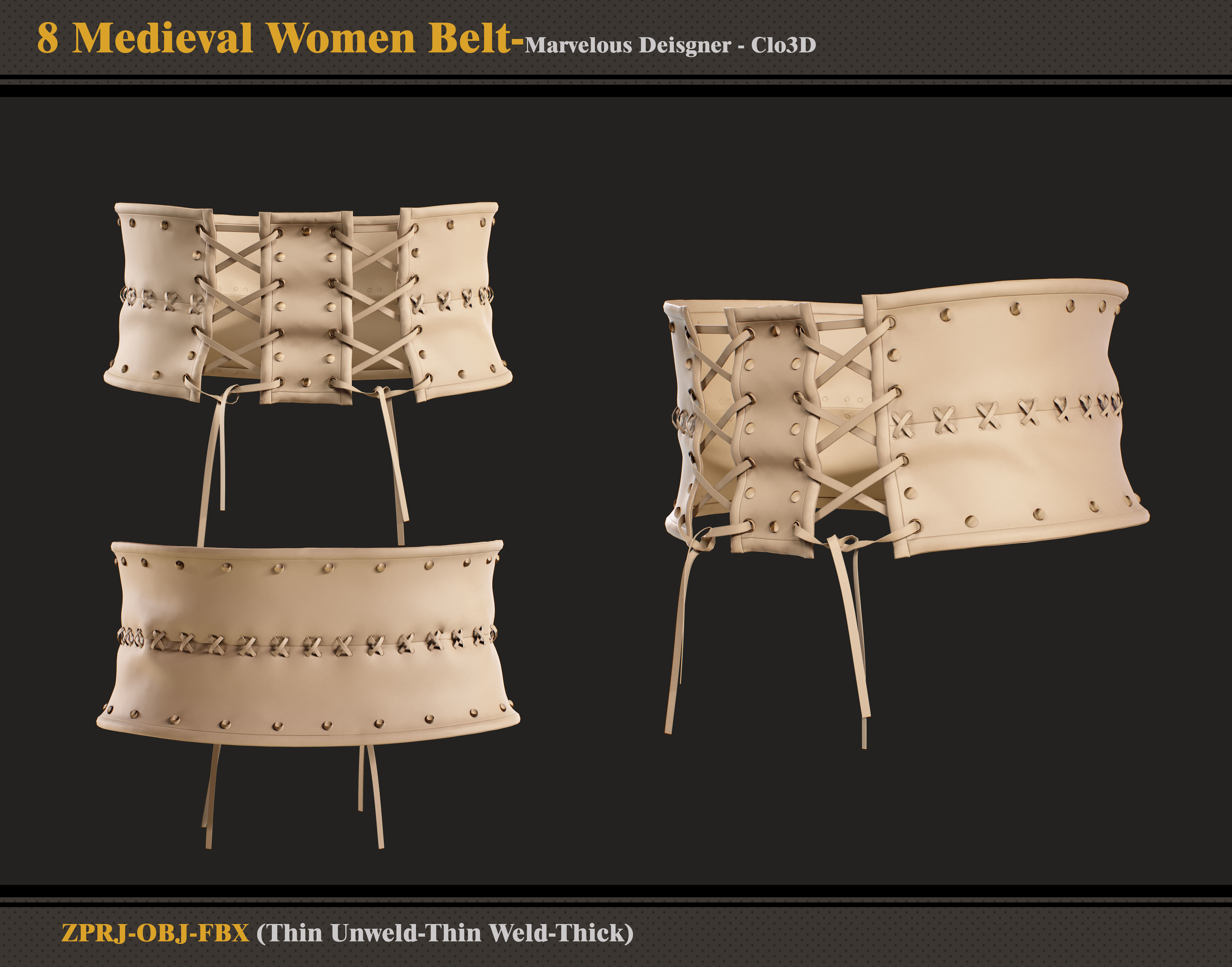 8 Medieval Women Belt-marvelous Designer-fbx-obj 3D model_2