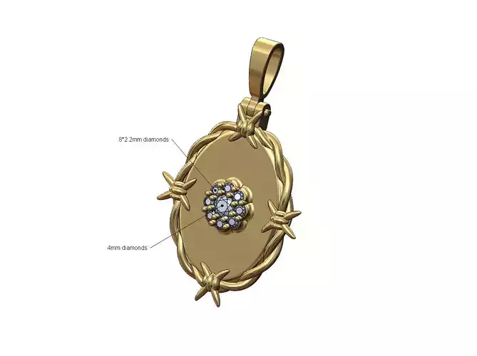 Oval diamond cluster thornes barbwire pendant with bail