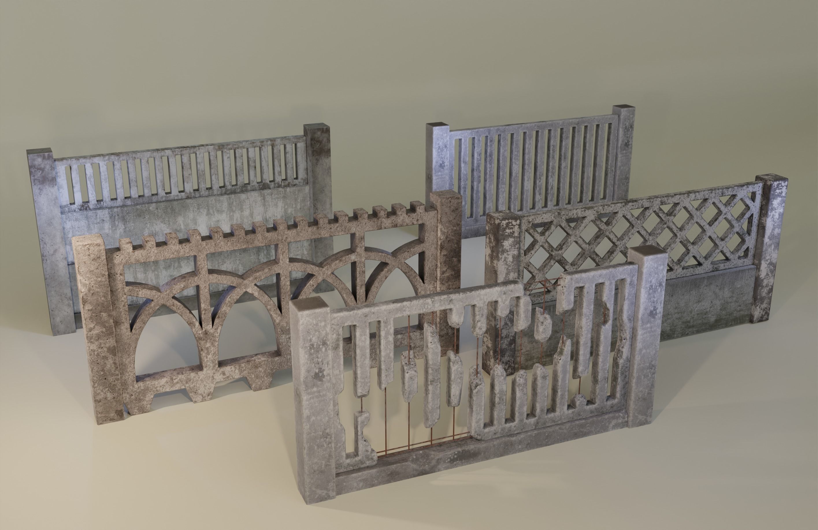 Old  concrete Fences pack Low-poly 3D model_21