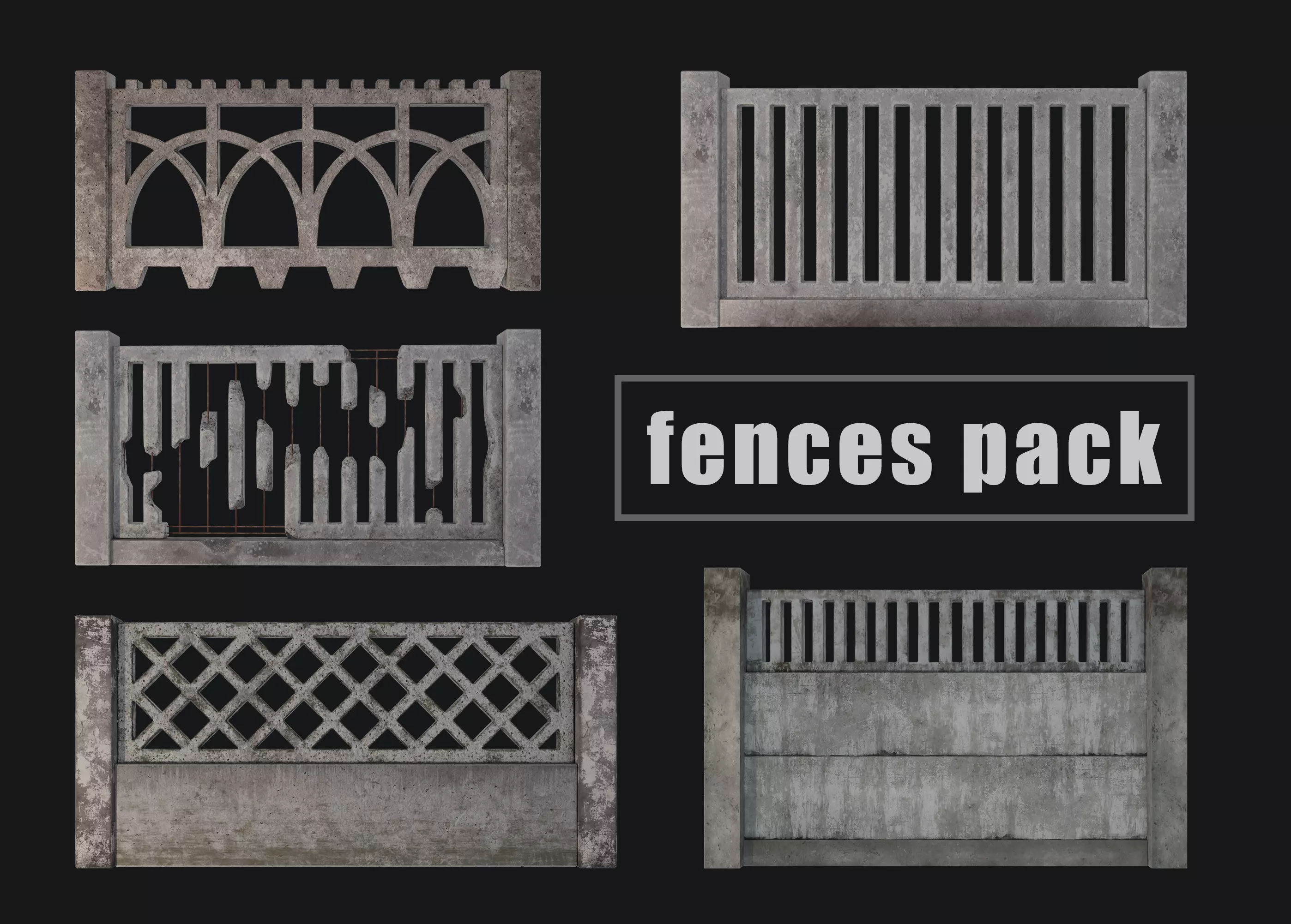 Old  concrete Fences pack Low-poly 3D model_0