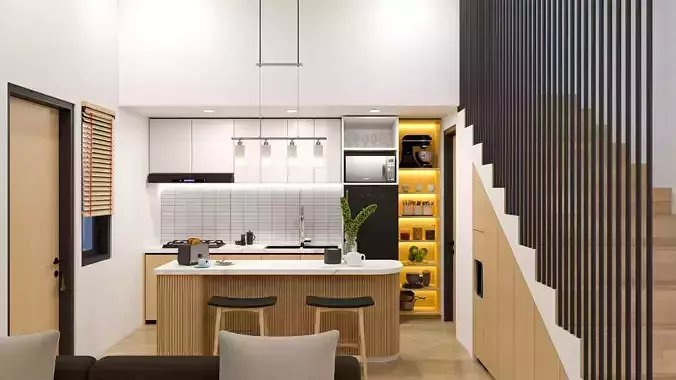 Open Space Interior Living Room and Kitchen Set with Island