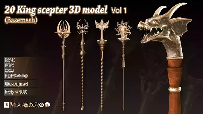 20 King Scepter 3D Model Basemesh Low-poly 3D model