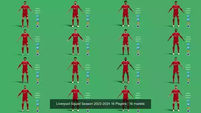 Liverpool Squad Season 2023-2024 16 Players 3D Model Collection