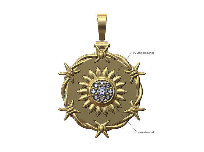 Sun diamond cluster barbwire round pendant with bail 3D print model