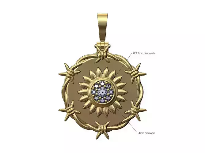 Sun diamond cluster barbwire round pendant with bail