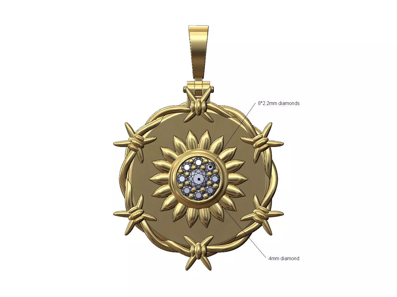 Sun diamond cluster barbwire round pendant with bail 3D print model