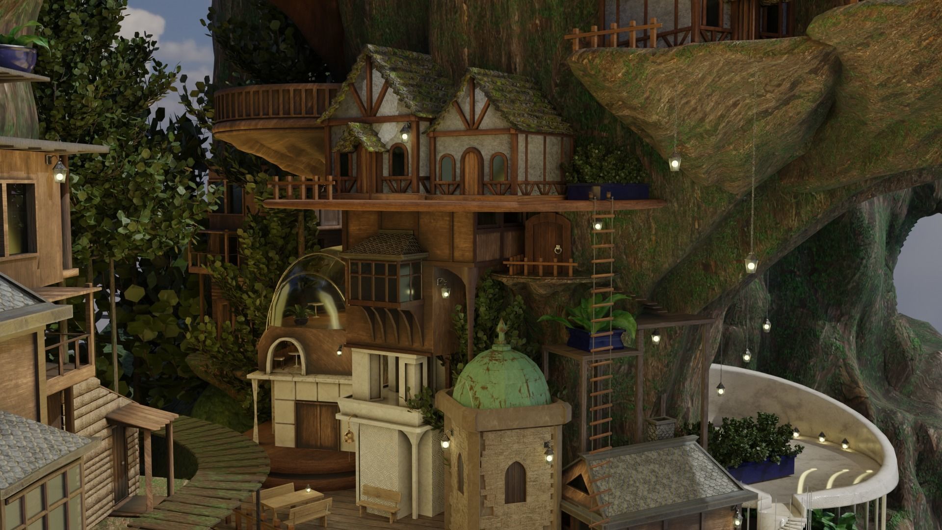 Fantasy treehouse village scene 3D model_5