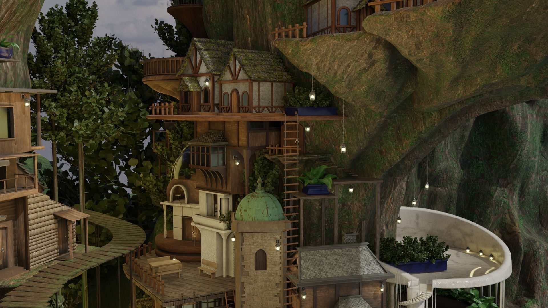 Fantasy treehouse village scene 3D model_31