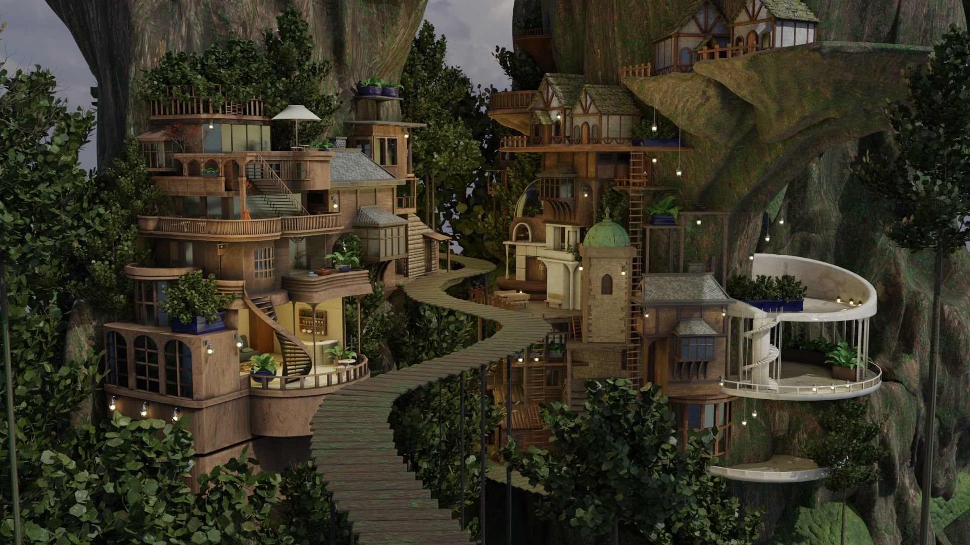 Fantasy treehouse village scene 3D model_19