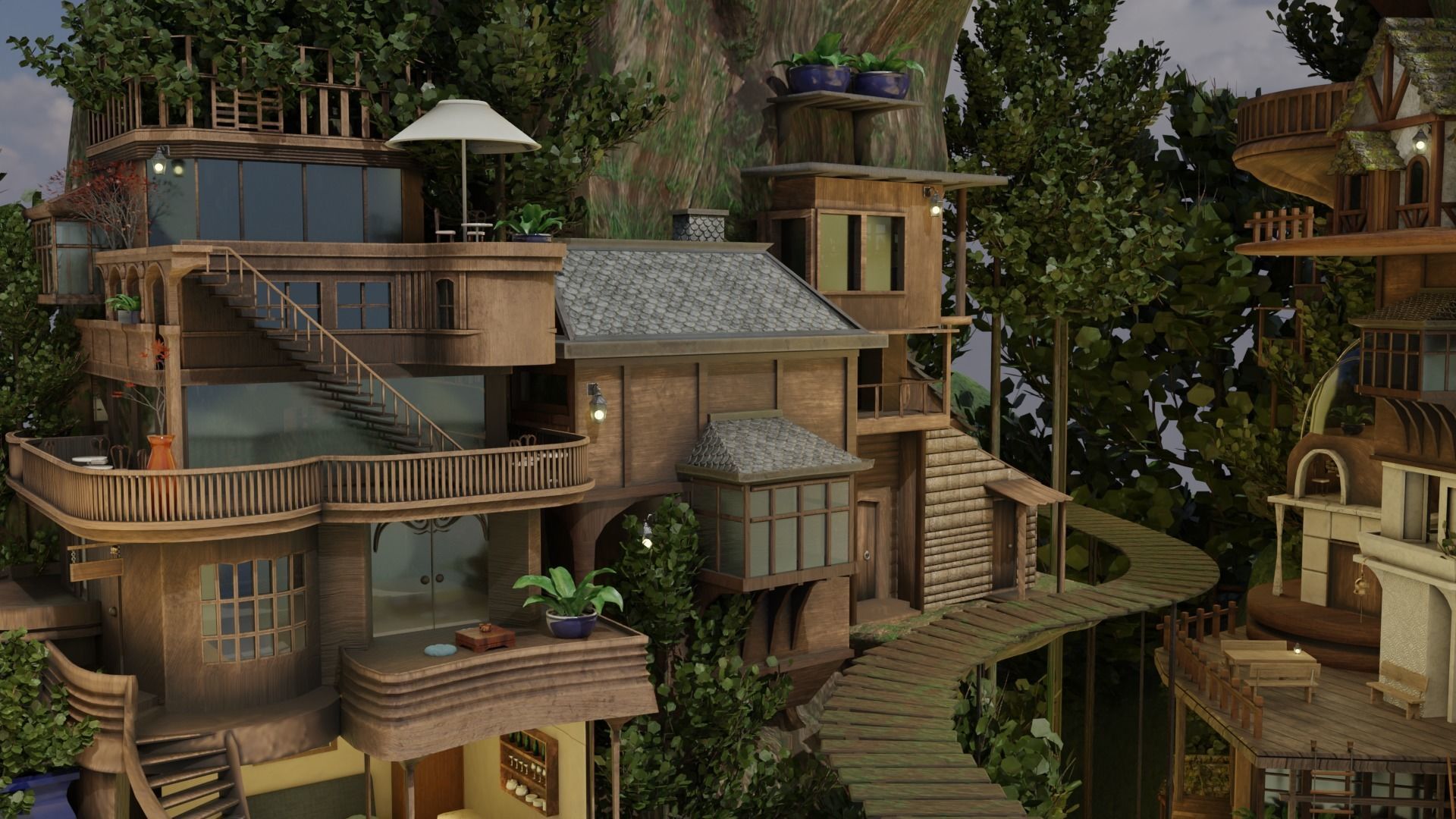 Fantasy treehouse village scene 3D model_10