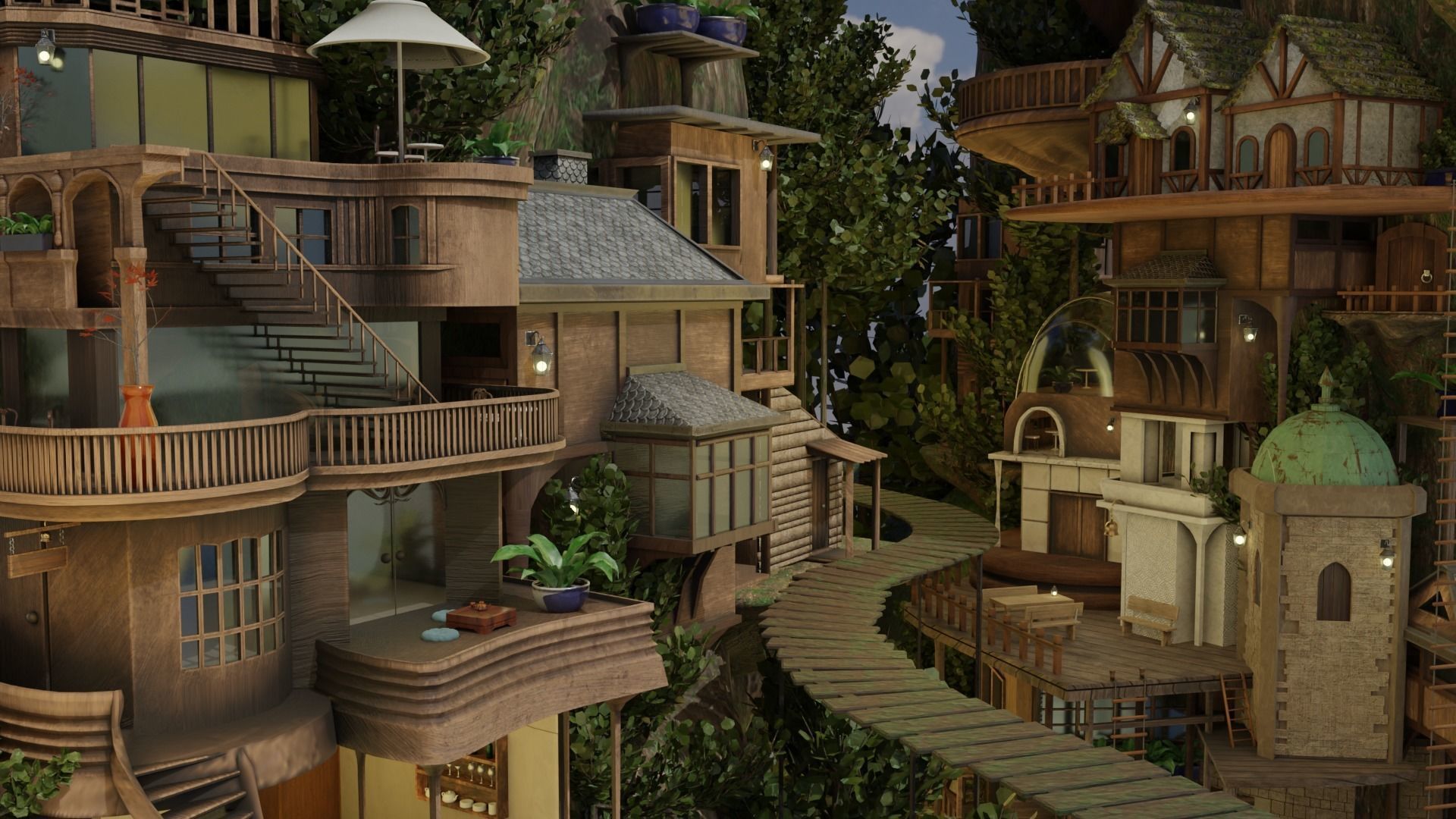 Fantasy treehouse village scene 3D model_3