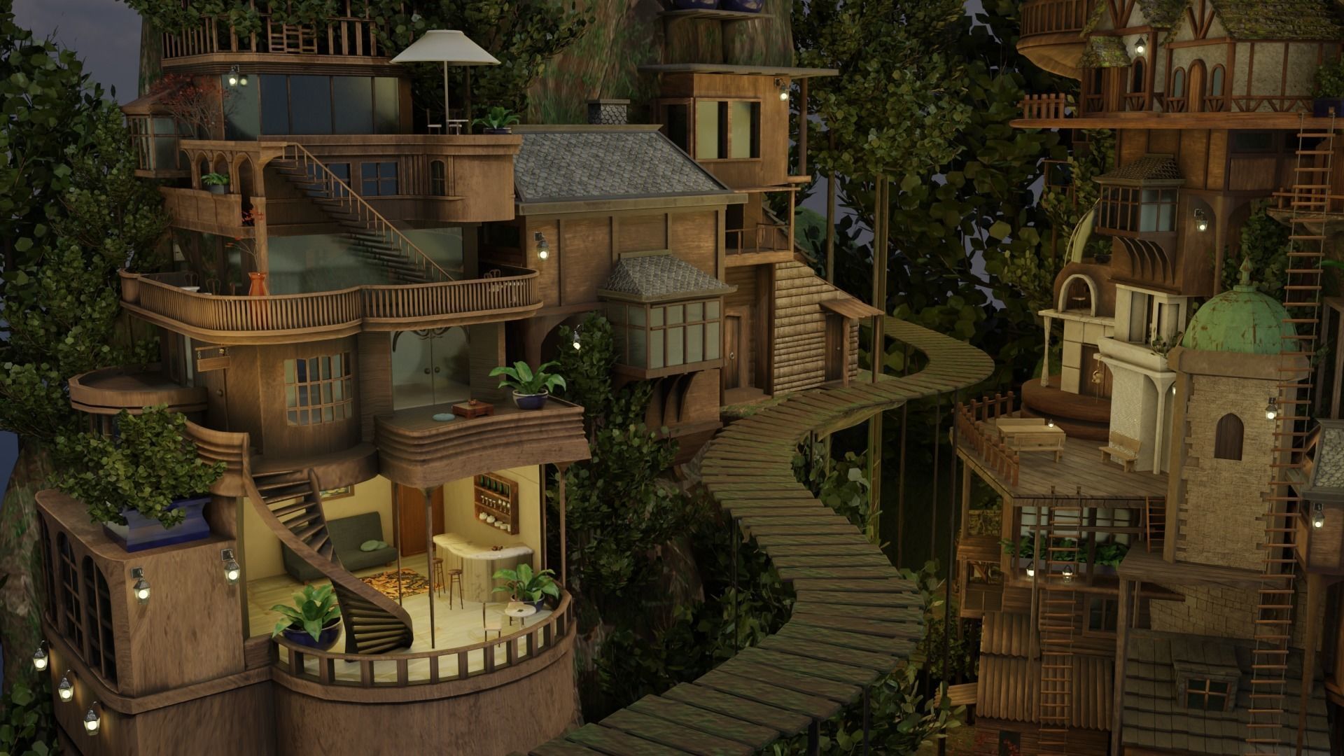 Fantasy treehouse village scene 3D model_25