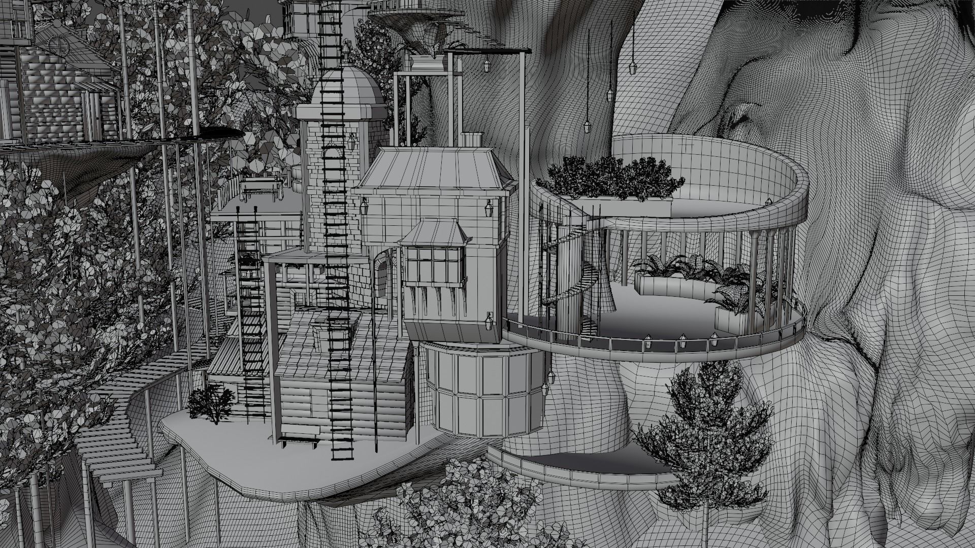 Fantasy treehouse village scene 3D model_33