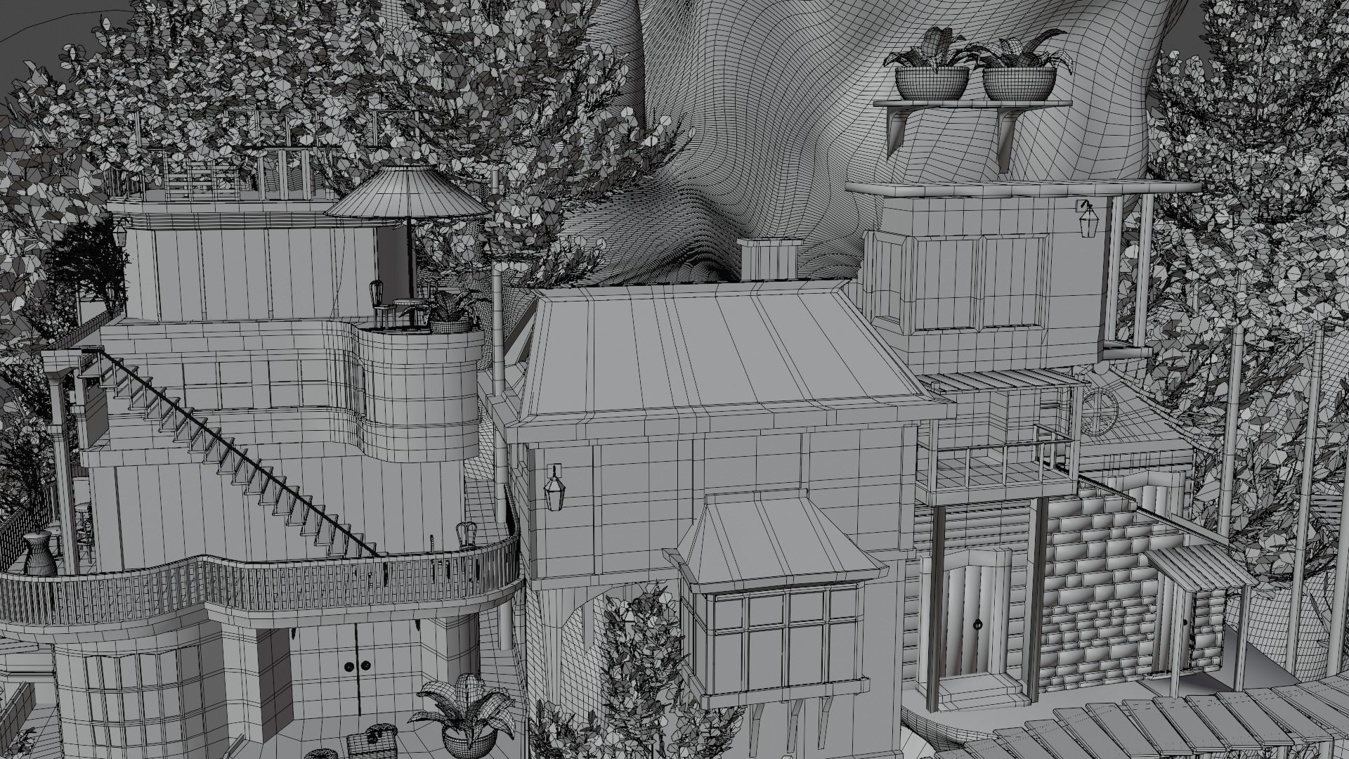 Fantasy treehouse village scene 3D model_41