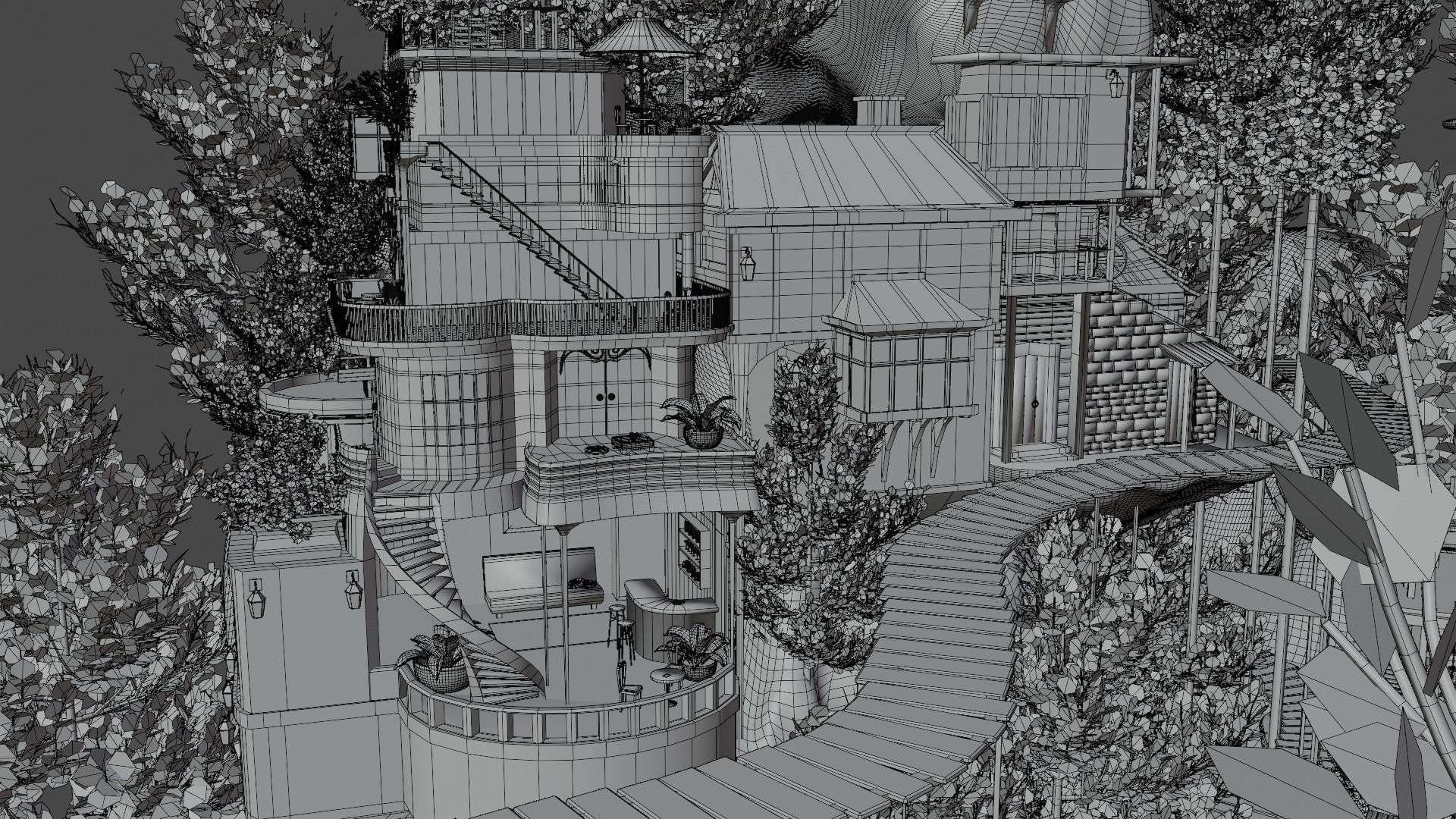 Fantasy treehouse village scene 3D model_35