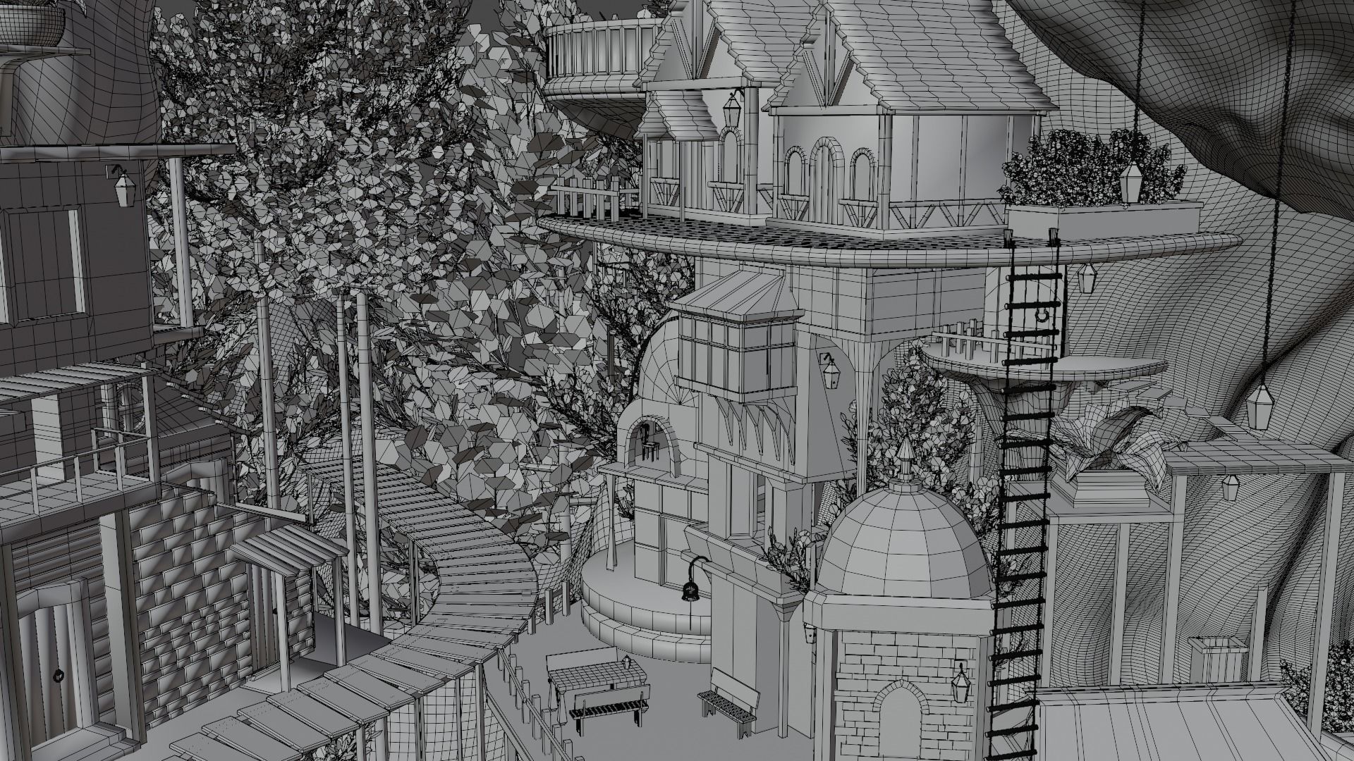 Fantasy treehouse village scene 3D model_37