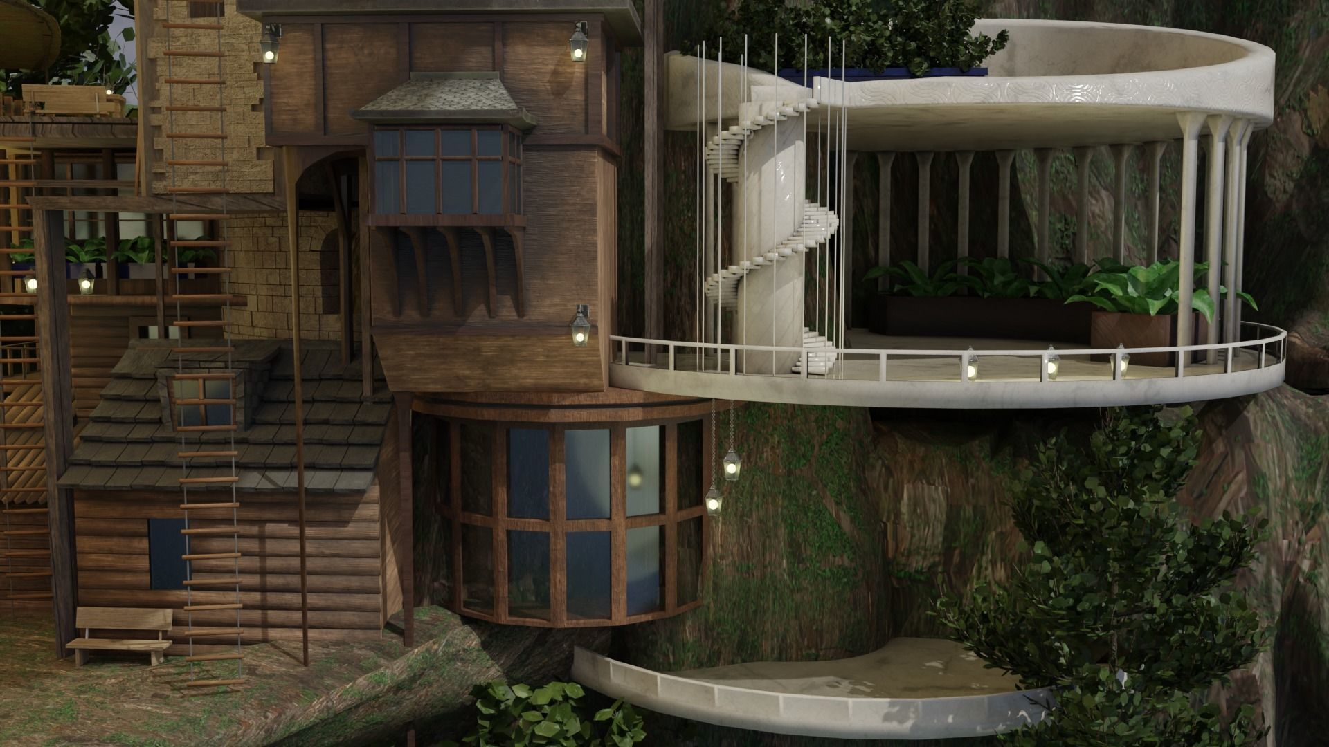 Fantasy treehouse village scene 3D model_23