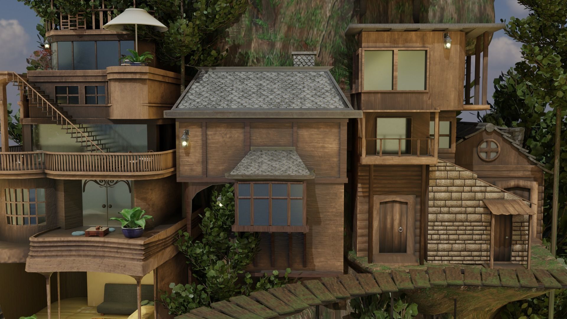 Fantasy treehouse village scene 3D model_13