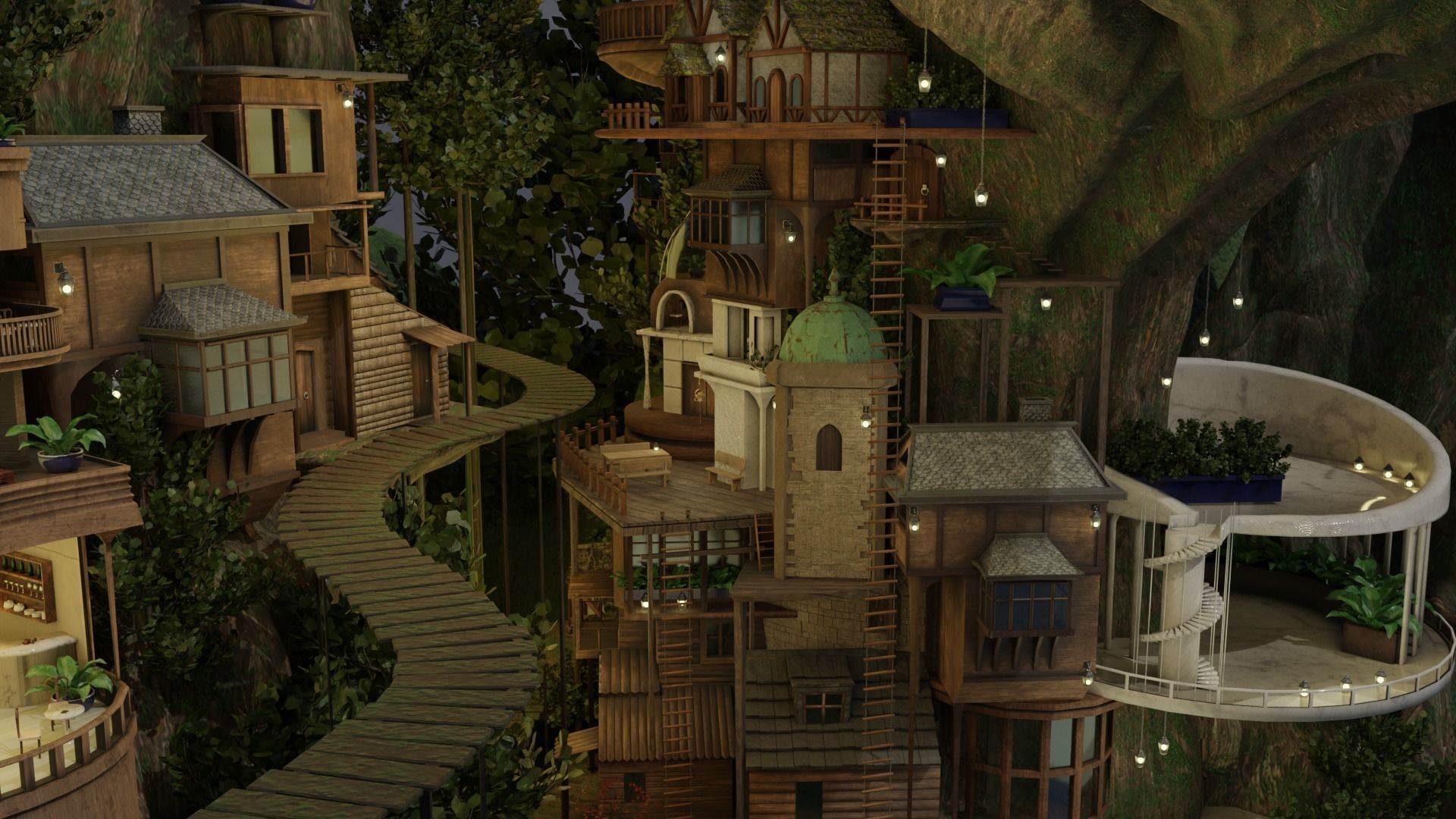 Fantasy treehouse village scene 3D model_26