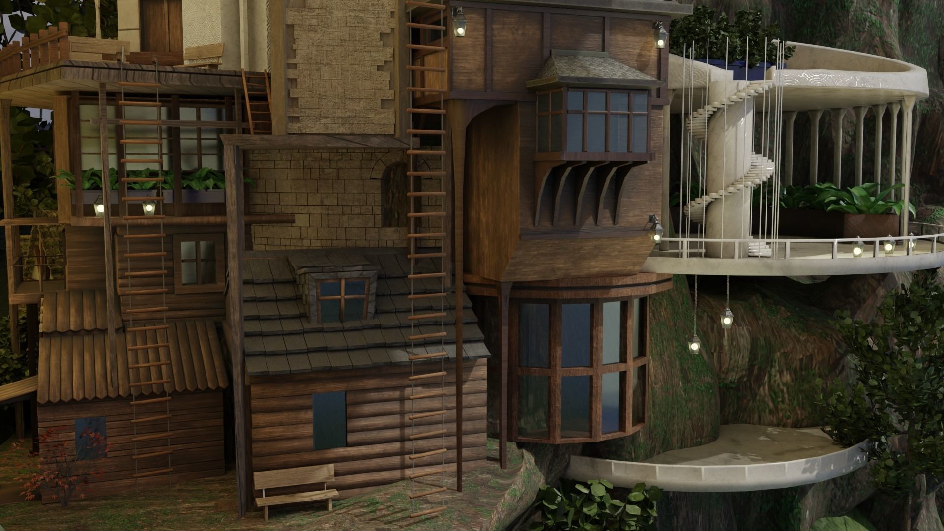 Fantasy treehouse village scene 3D model_6