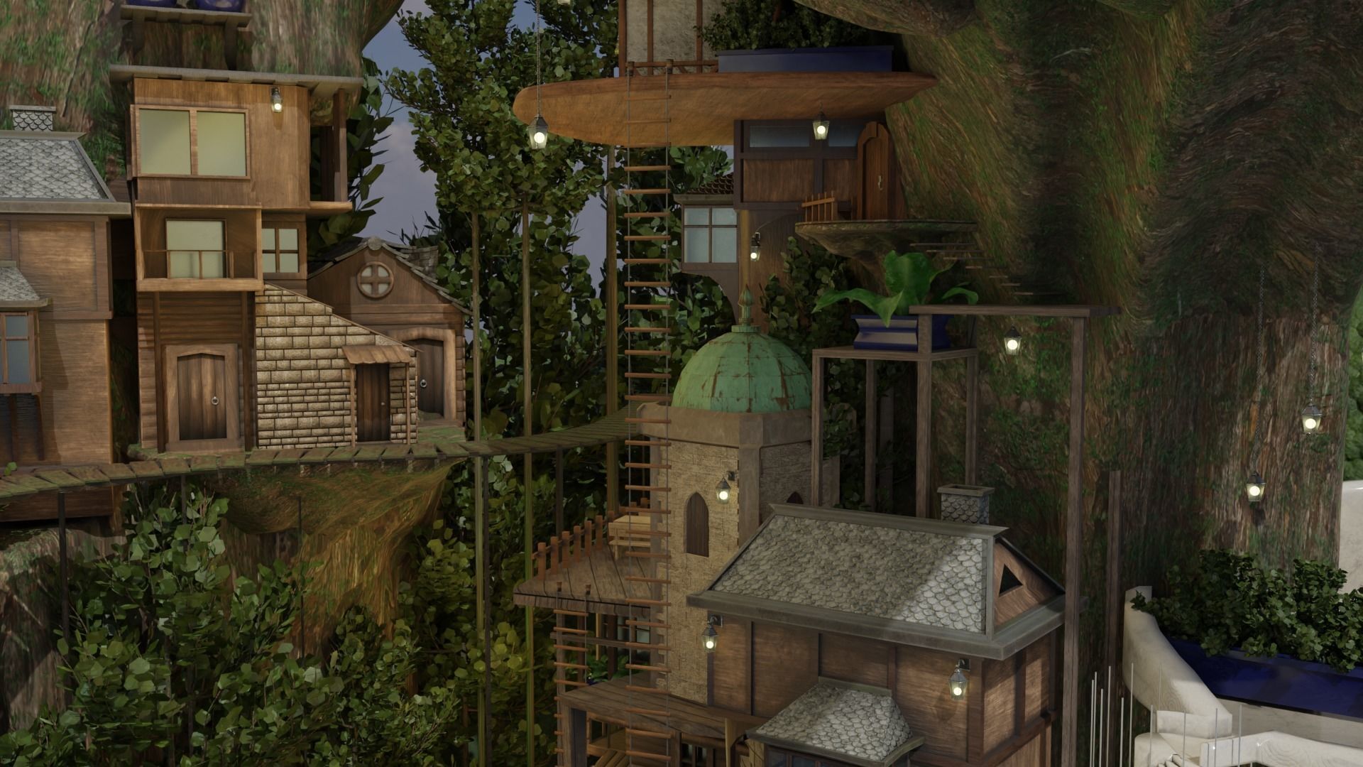 Fantasy treehouse village scene 3D model_29