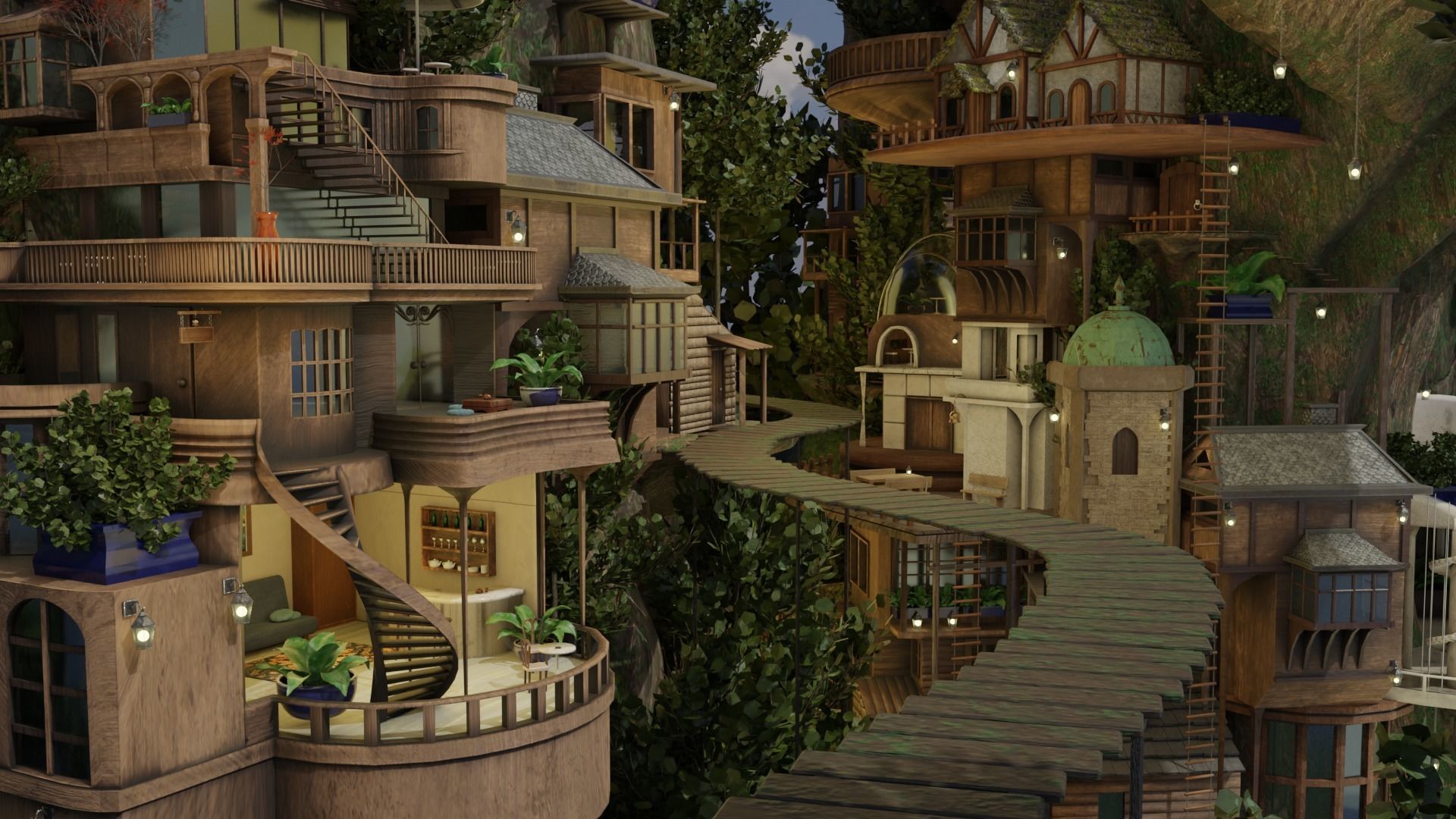 Fantasy treehouse village scene 3D model_2