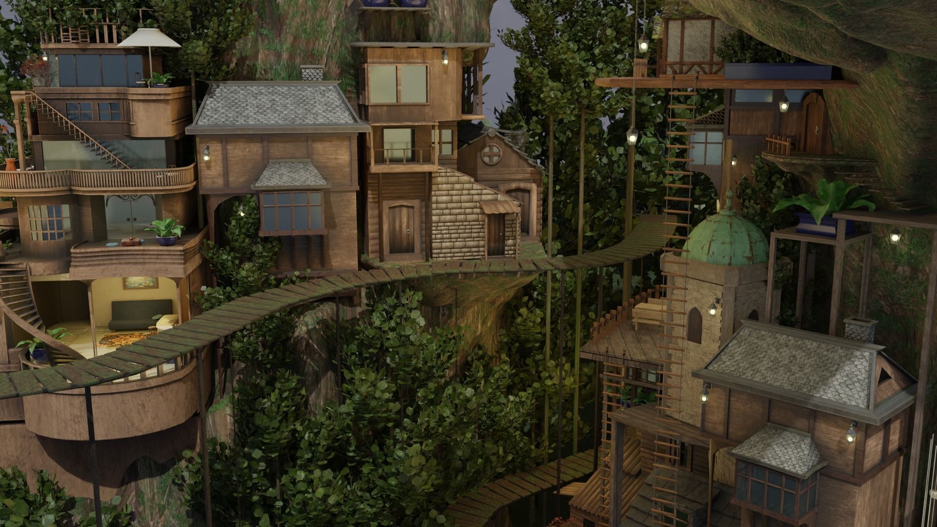 Fantasy treehouse village scene 3D model_16