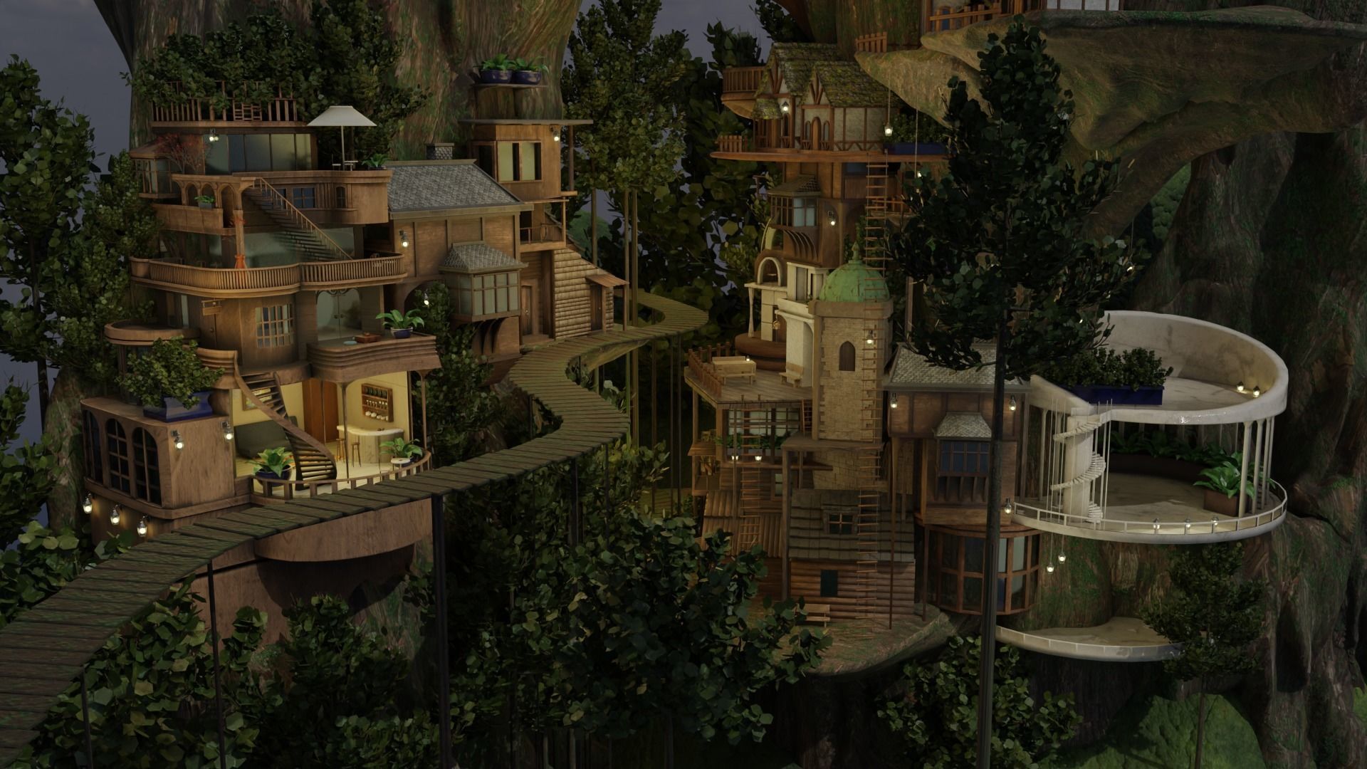 Fantasy treehouse village scene 3D model_27