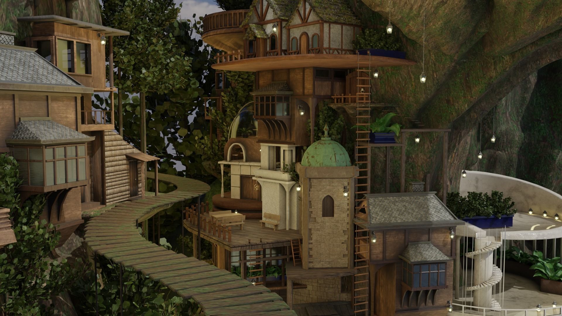 Fantasy treehouse village scene 3D model_9