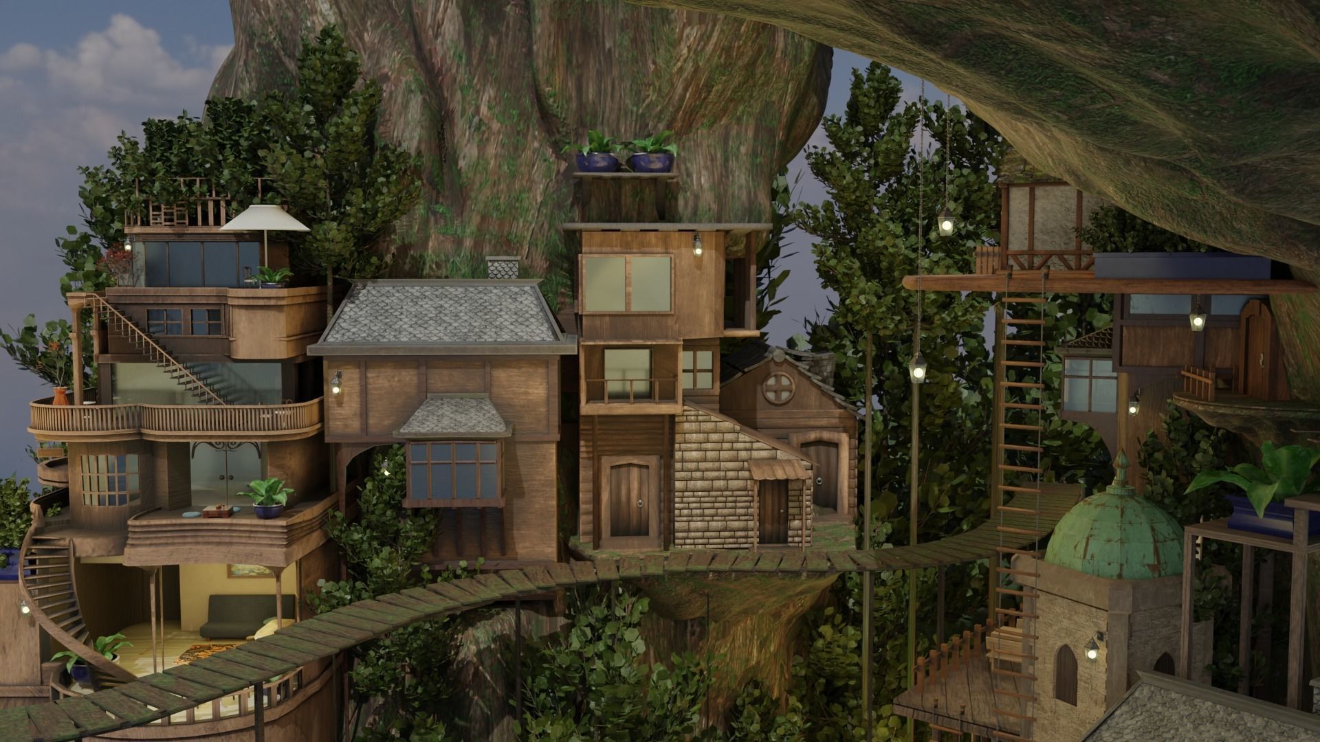 Fantasy treehouse village scene 3D model_14