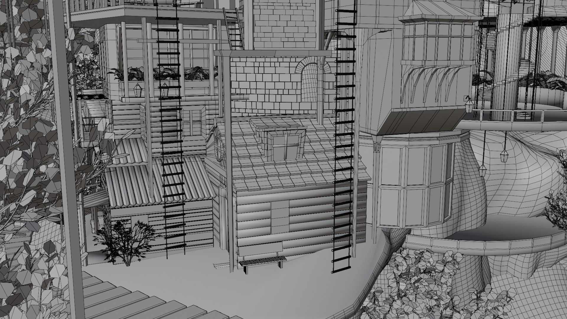 Fantasy treehouse village scene 3D model_39