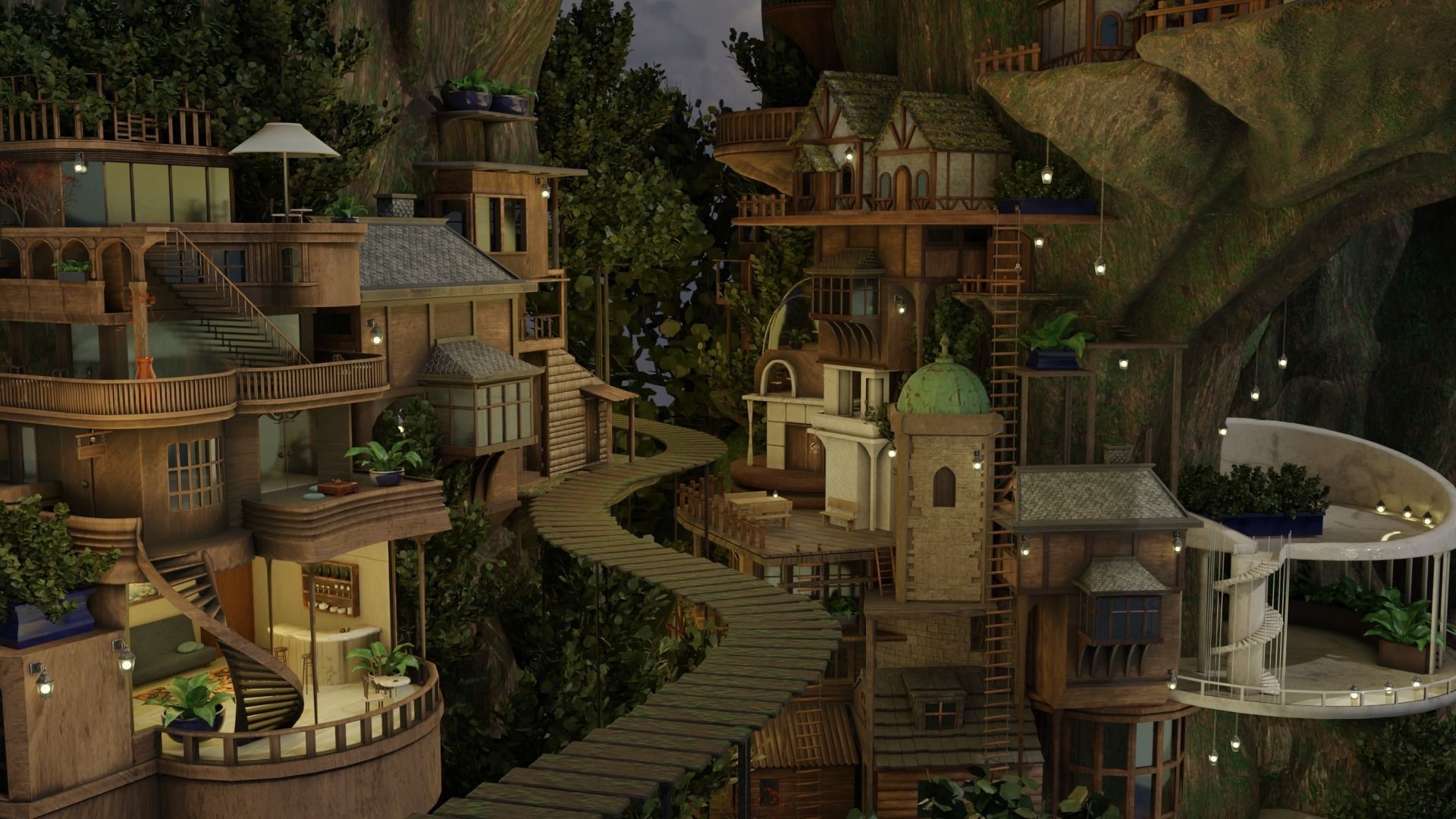 Fantasy treehouse village scene 3D model_22