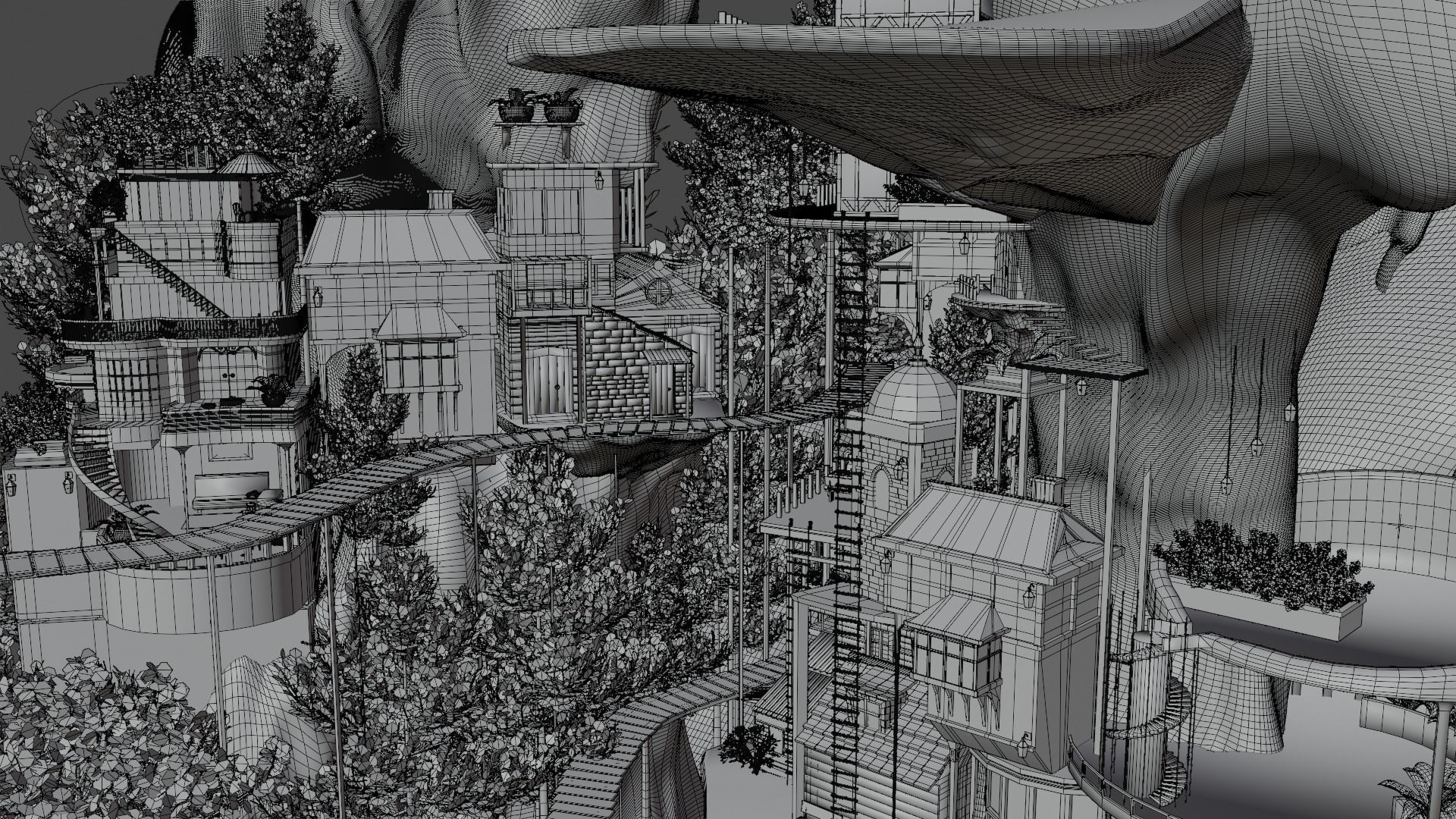 Fantasy treehouse village scene 3D model_42