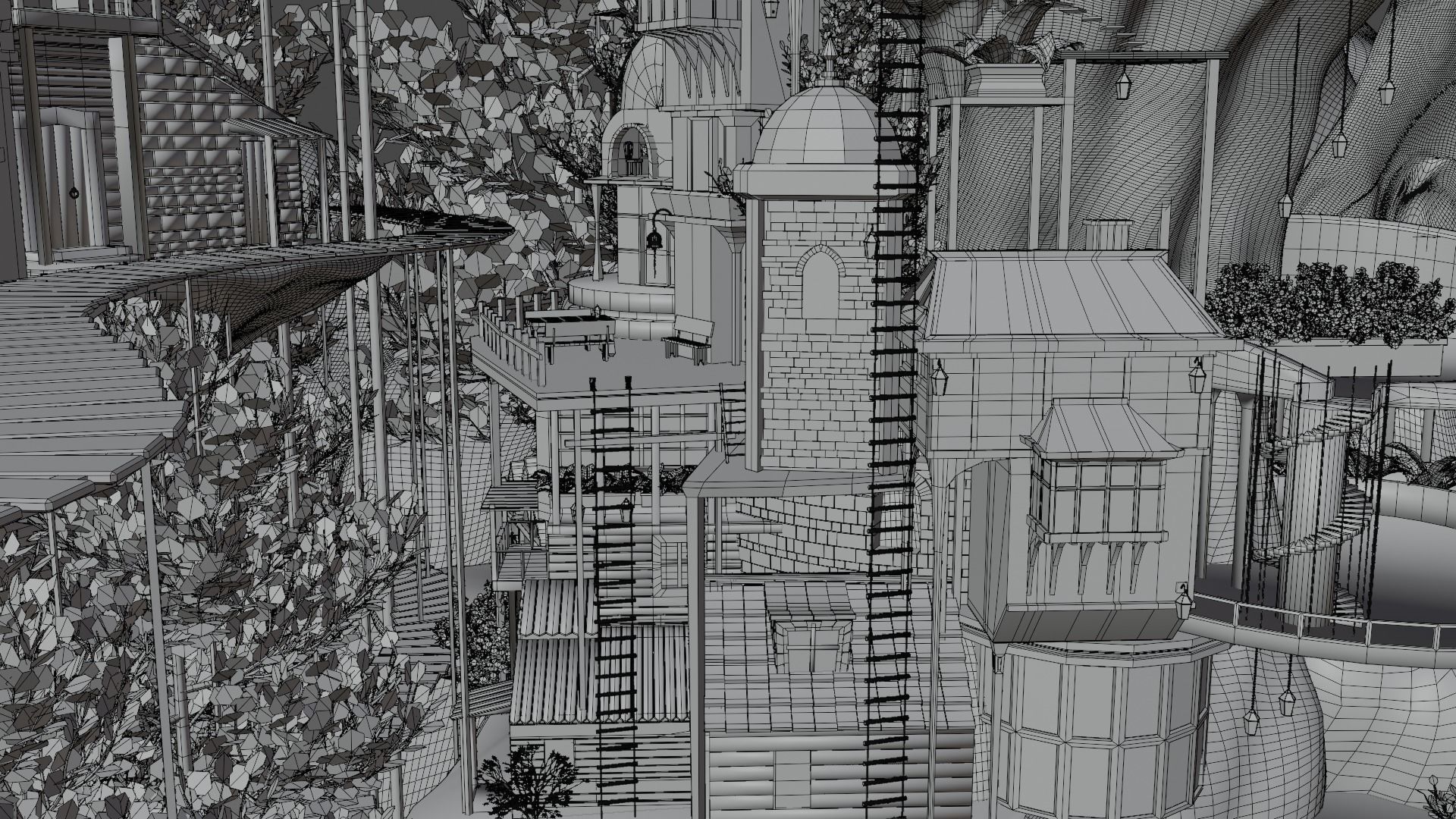 Fantasy treehouse village scene 3D model_34