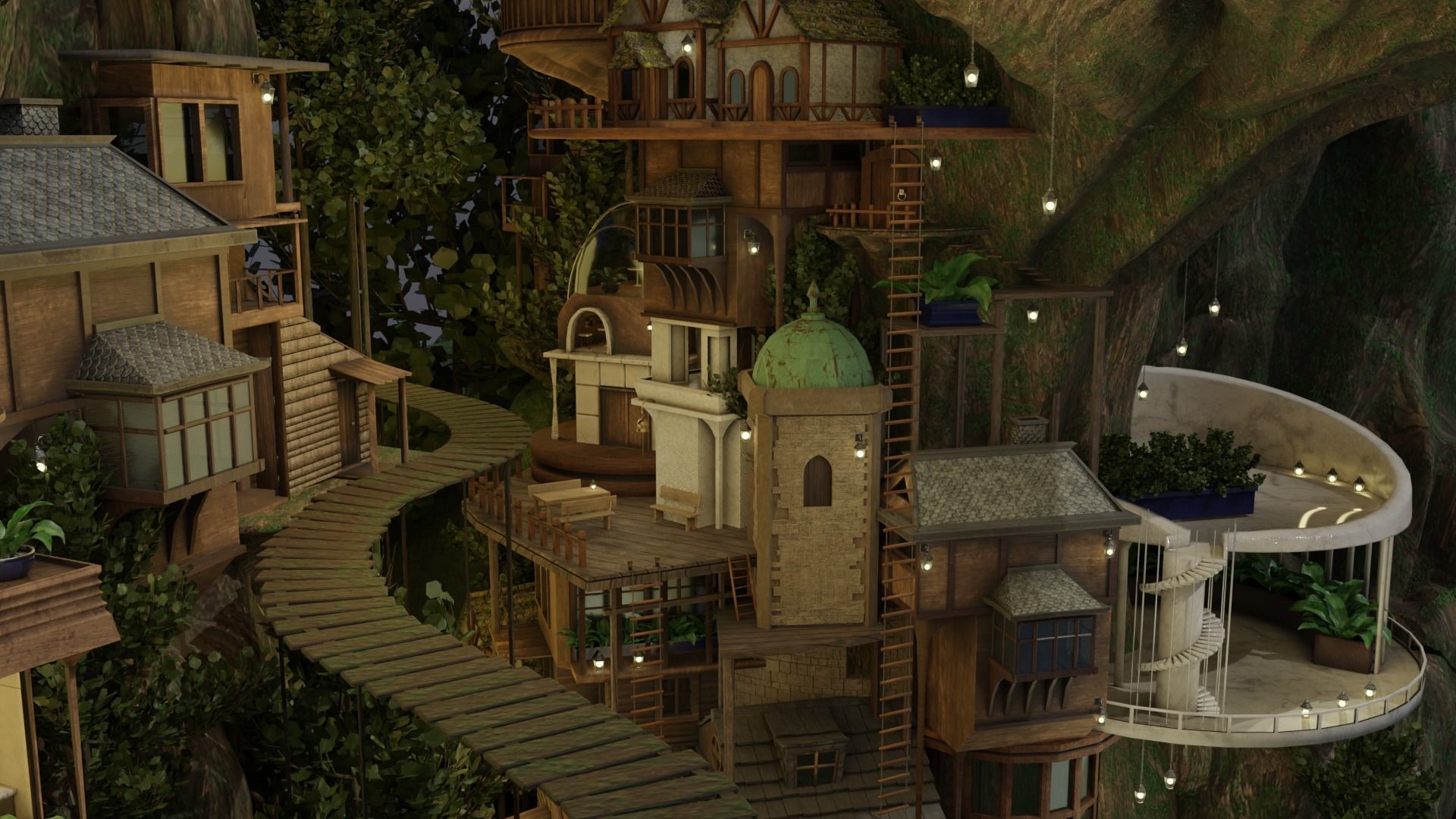 Fantasy treehouse village scene 3D model_24