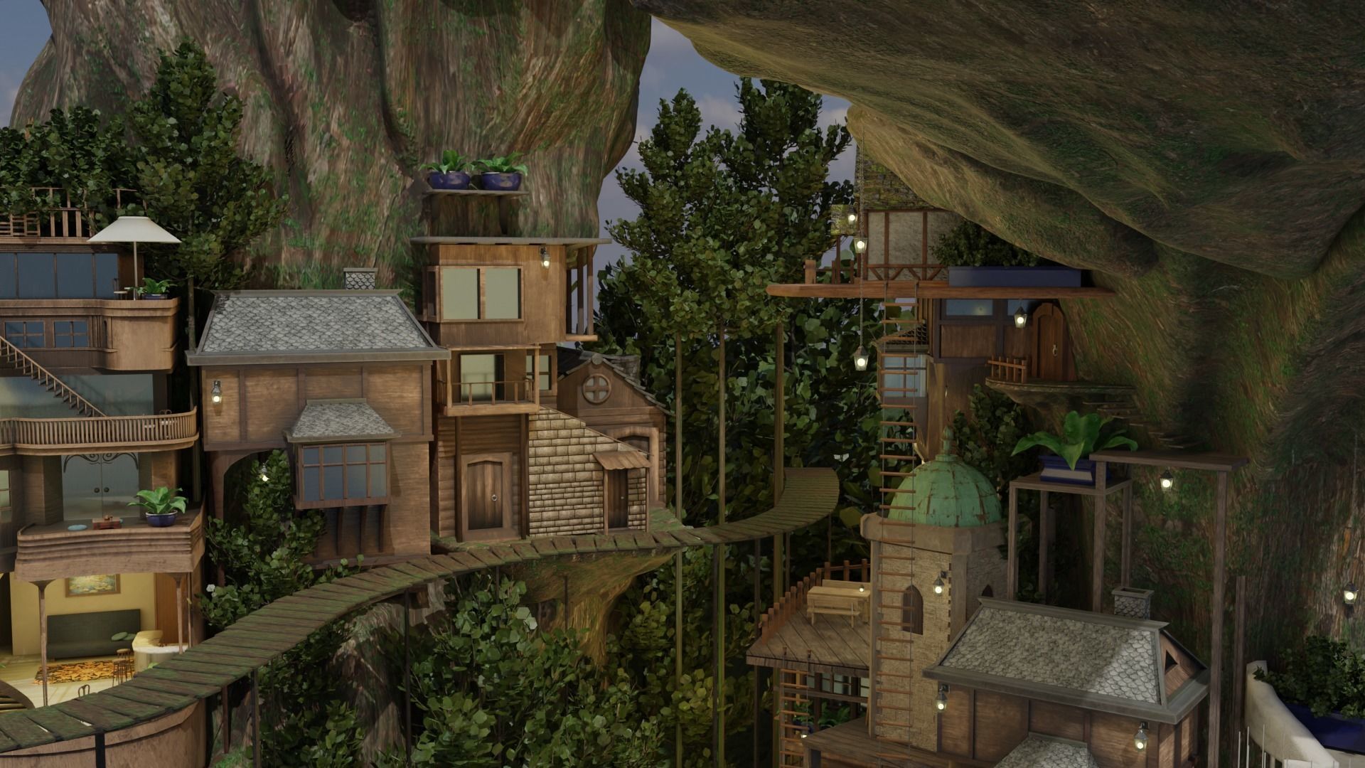 Fantasy treehouse village scene 3D model_28